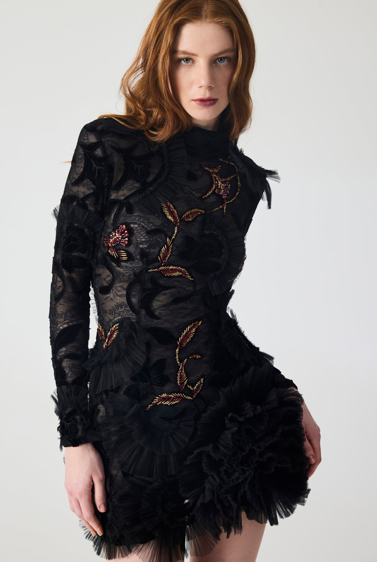 Hand Embroidered Velvet Lace with Ruffle Detailing Mini Dress