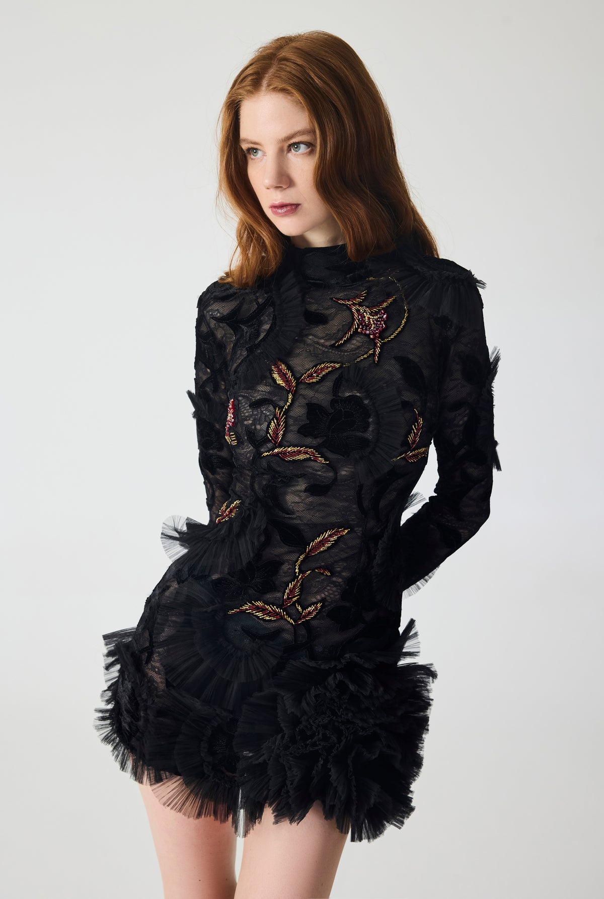 Hand Embroidered Velvet Lace with Ruffle Detailing Mini Dress