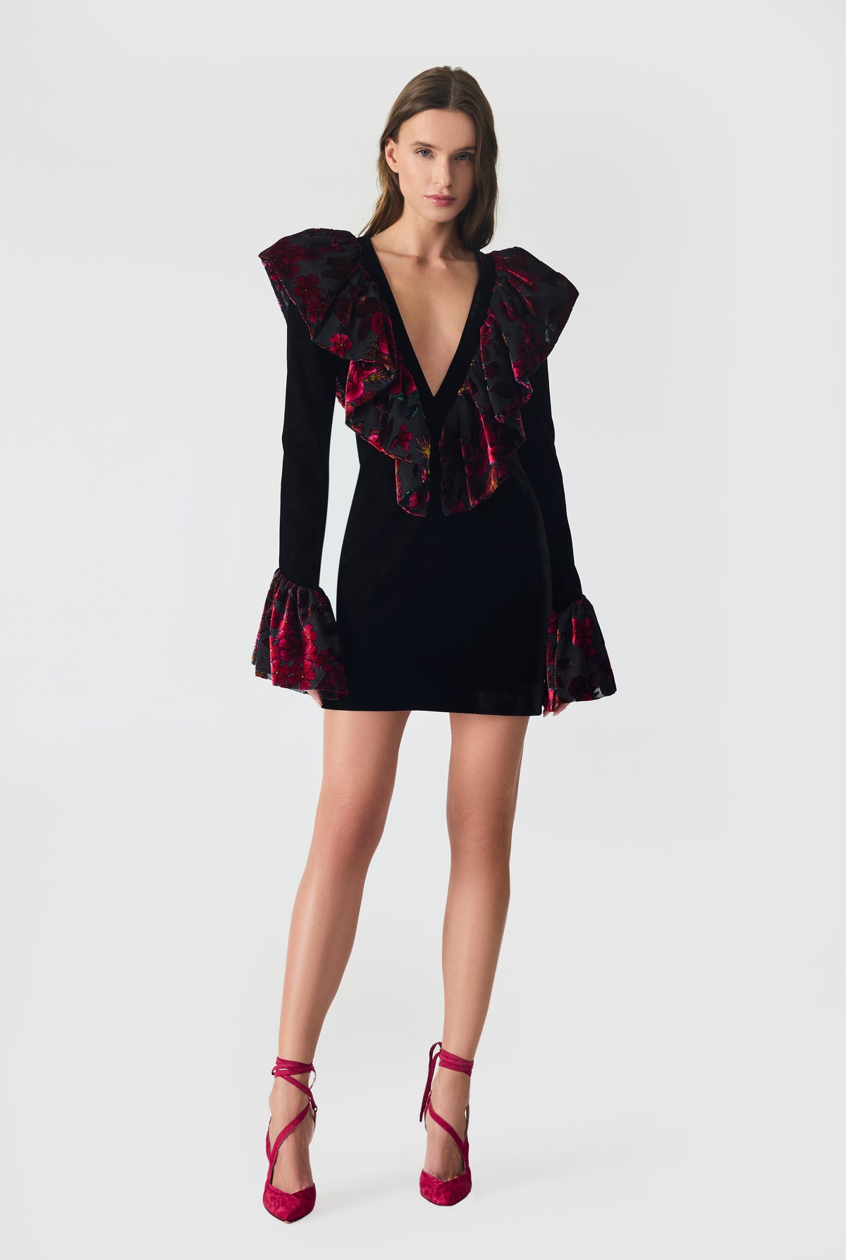 Velvet and Burnout Trim Mini Dress