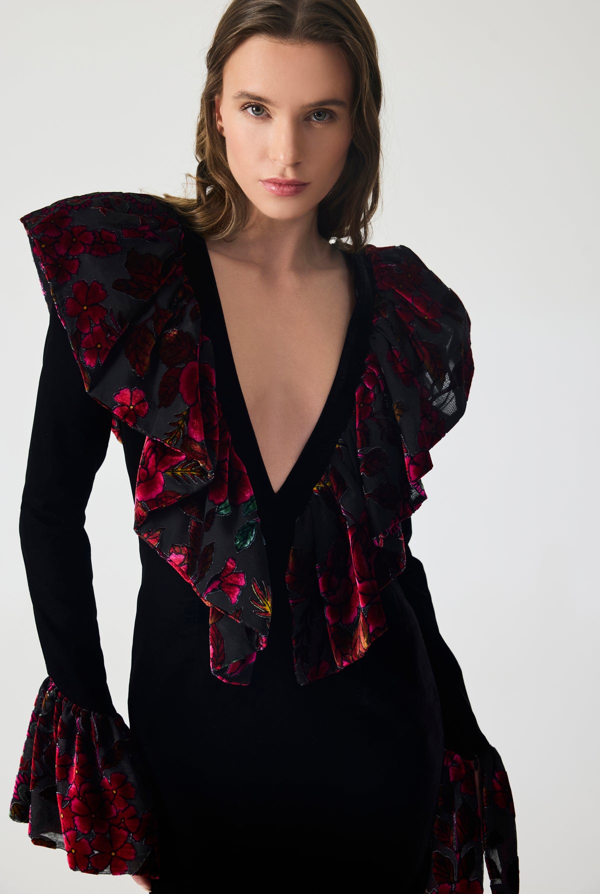Velvet and Burnout Trim Mini Dress