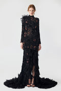 Hand Embroidered Velvet Lace with Ruffle Detailing Maxi Dress