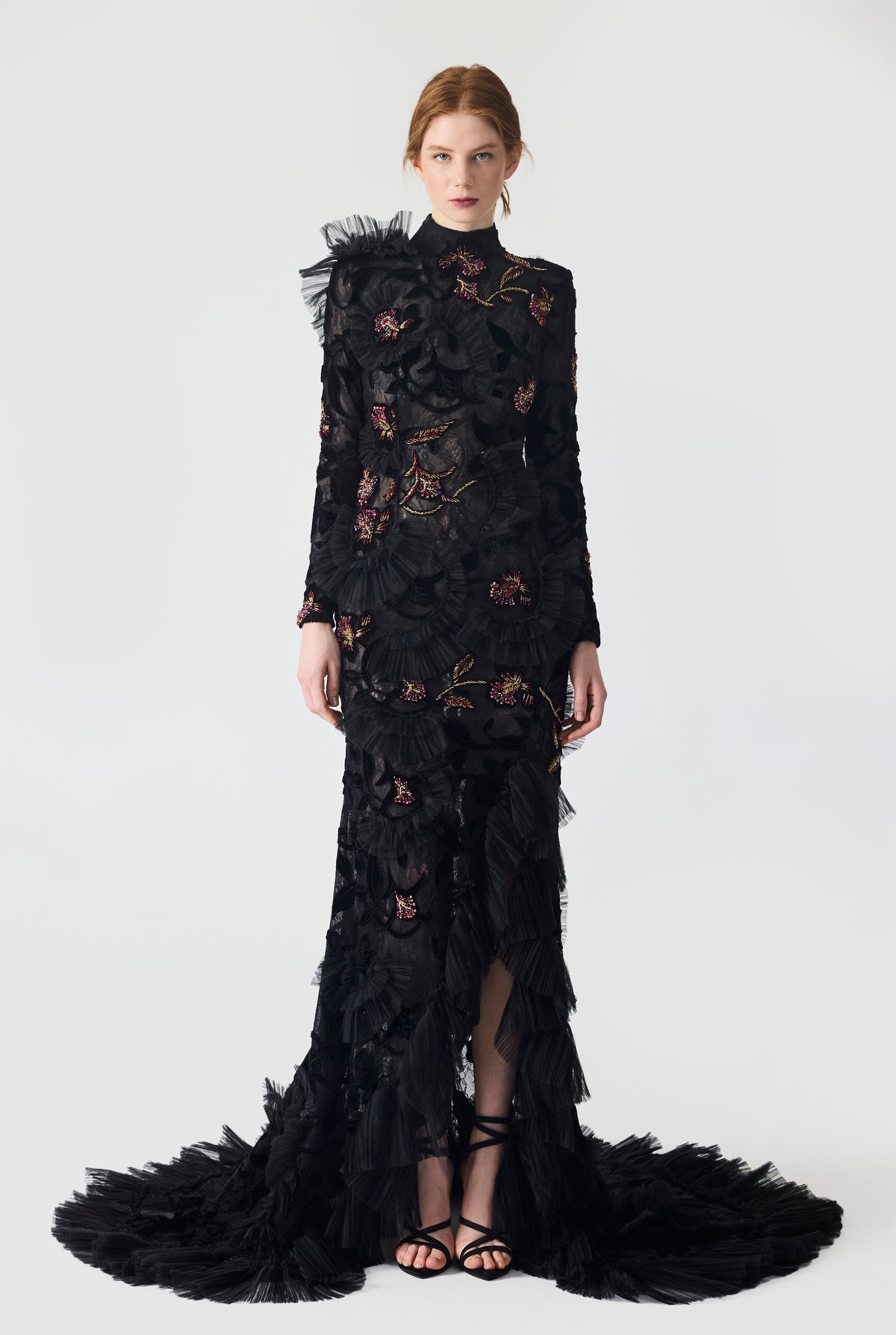 Hand Embroidered Velvet Lace with Ruffle Detailing Maxi Dress