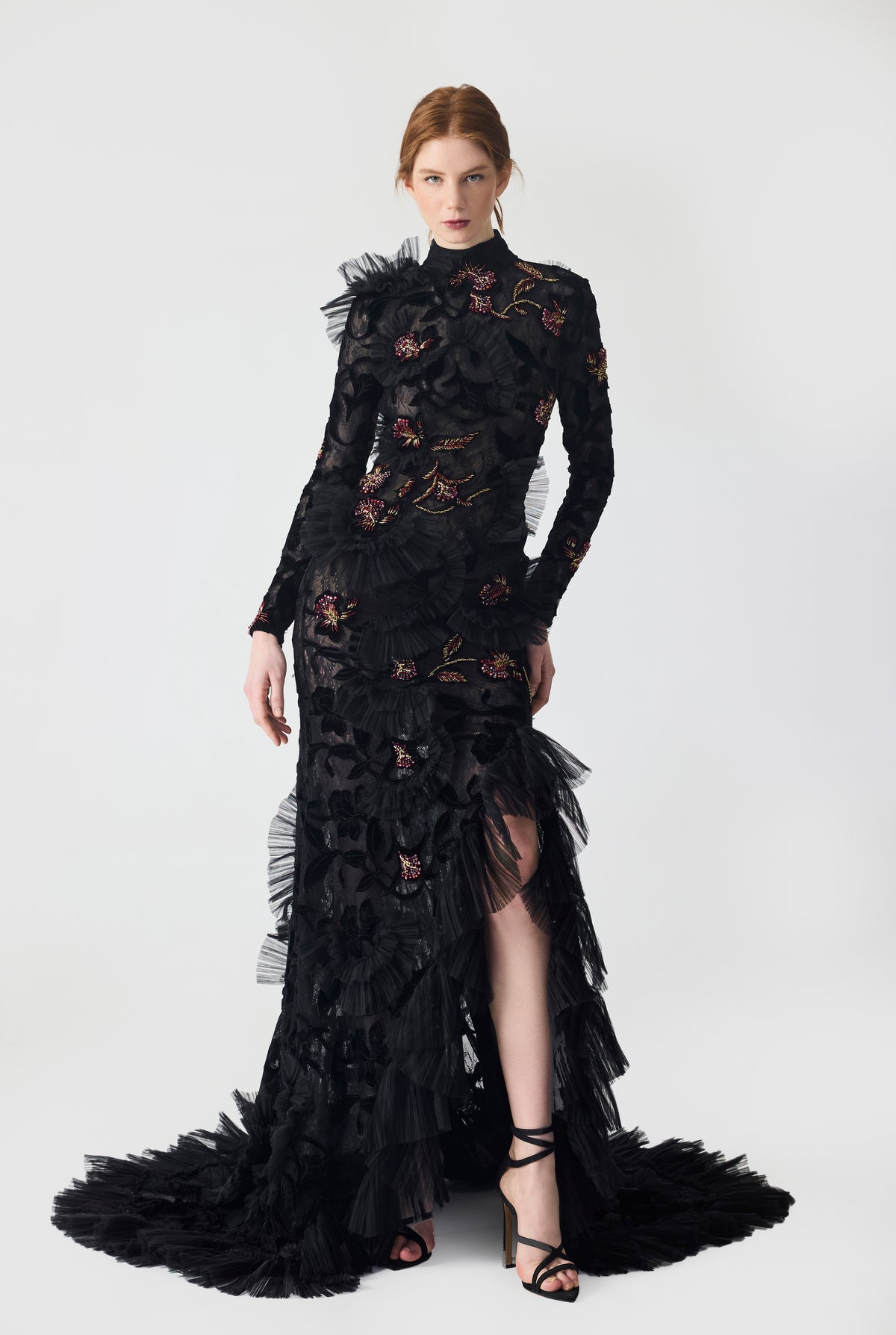 Hand Embroidered Velvet Lace with Ruffle Detailing Maxi Dress