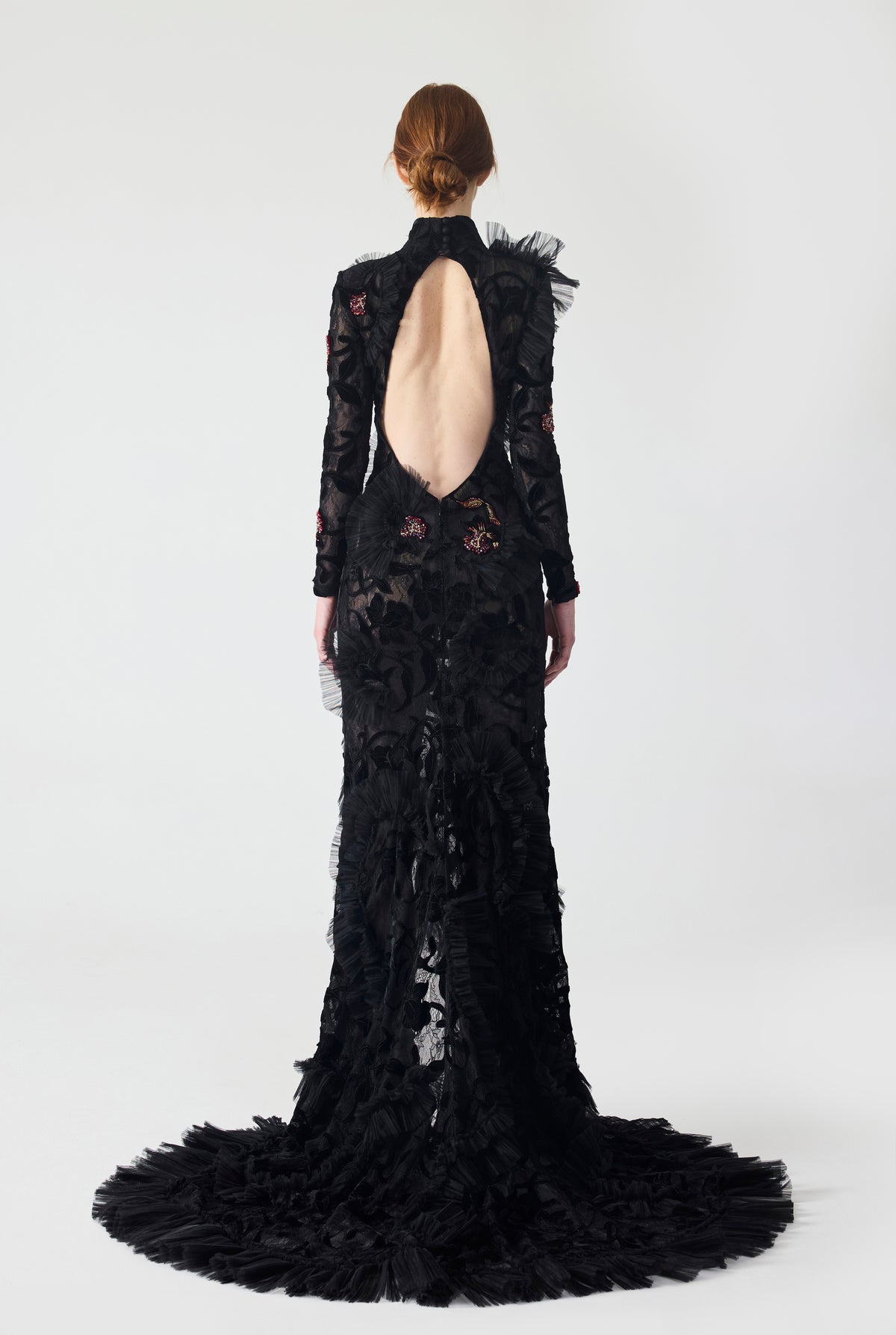 Hand Embroidered Velvet Lace with Ruffle Detailing Maxi Dress