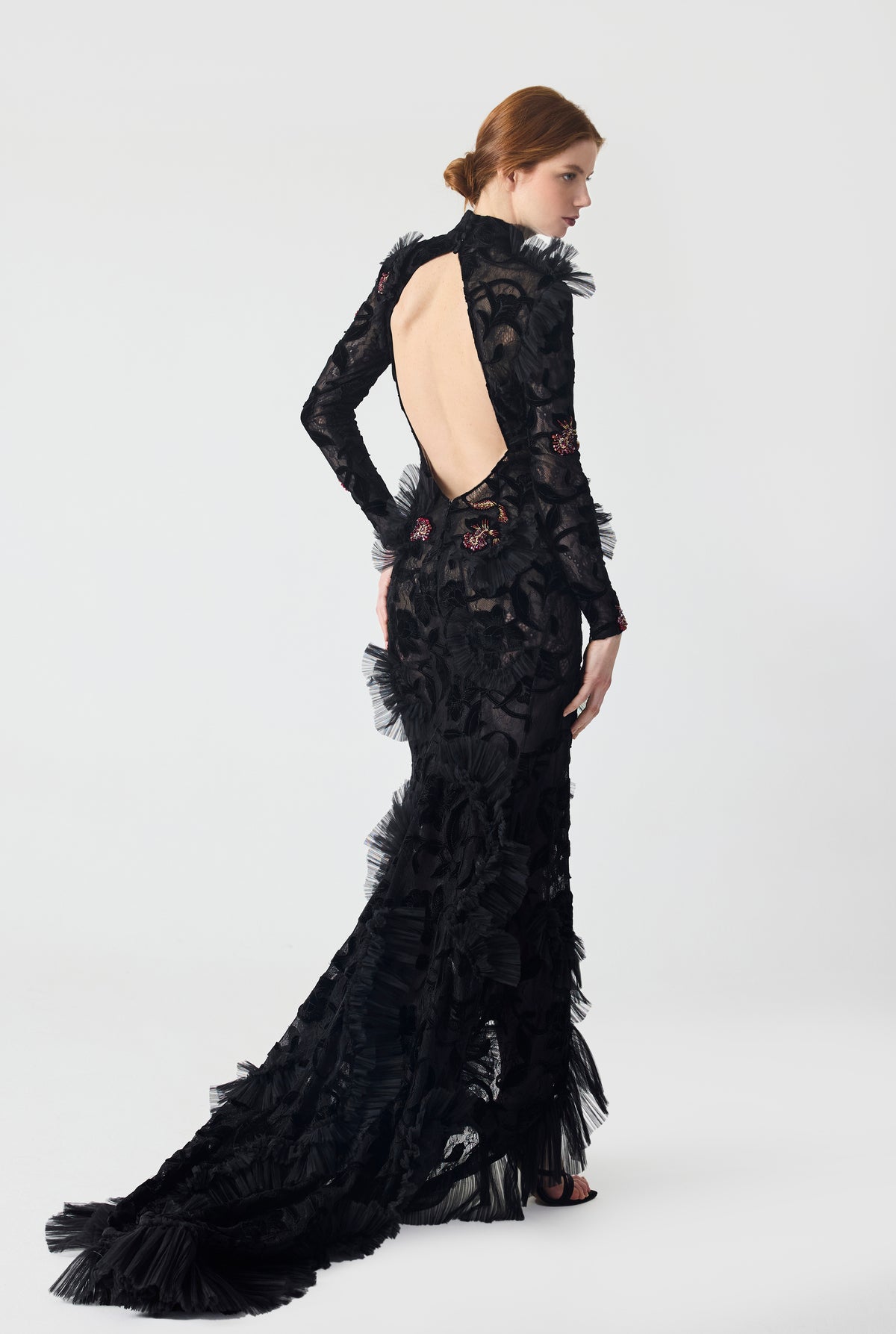 Hand Embroidered Velvet Lace with Ruffle Detailing Maxi Dress