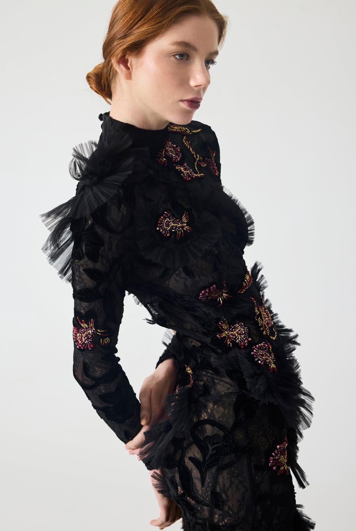 Hand Embroidered Velvet Lace with Ruffle Detailing Maxi Dress