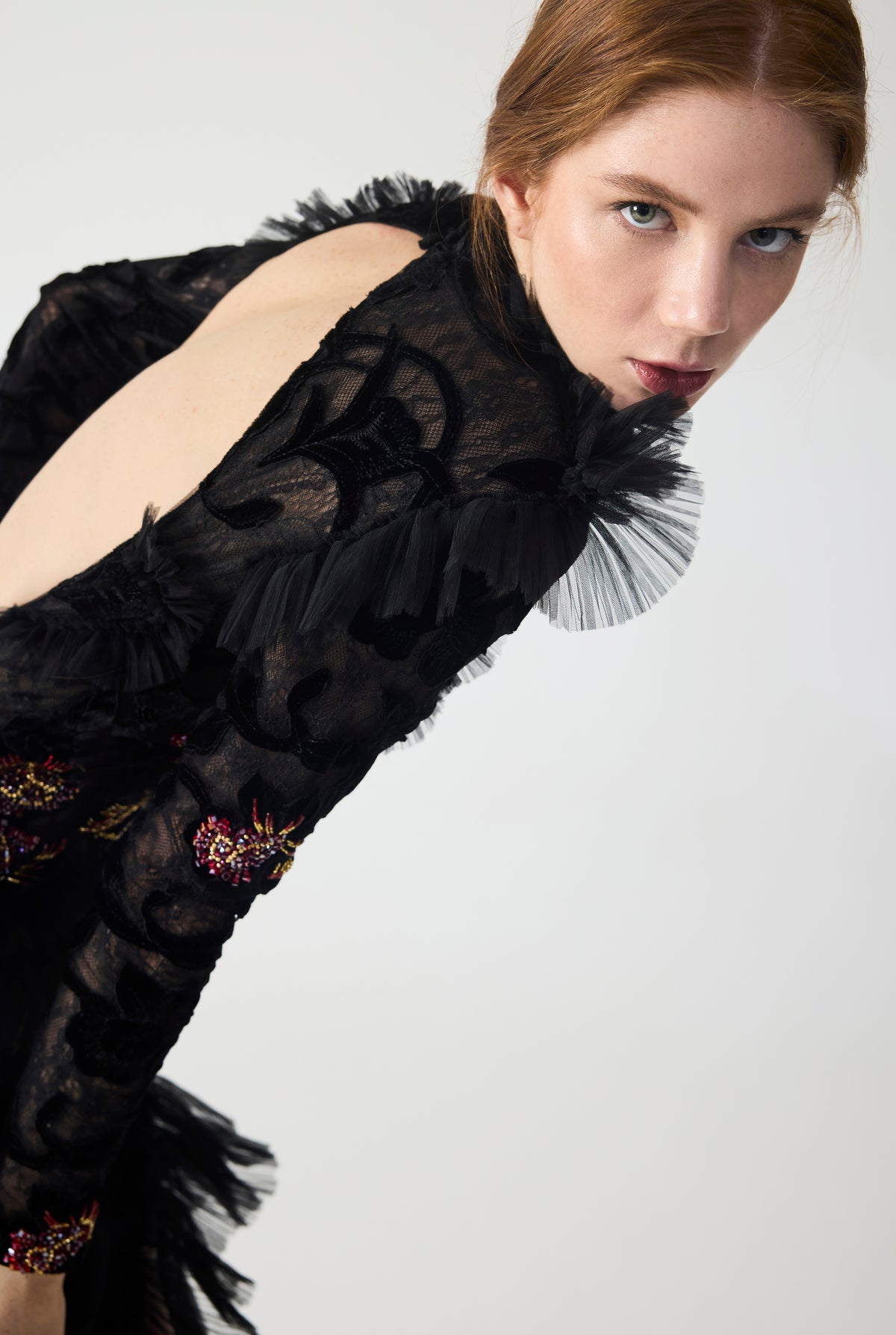 Hand Embroidered Velvet Lace with Ruffle Detailing Maxi Dress