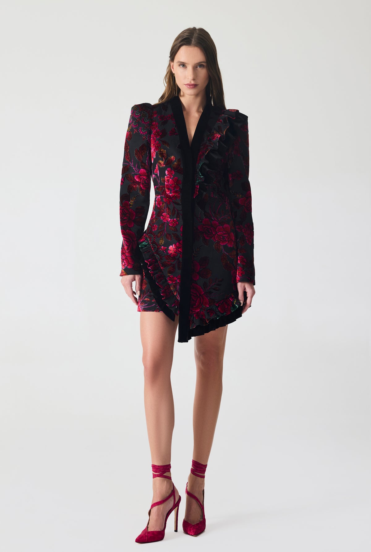 Burnout Velvet and Ruffle Detailed Mini Jacket Dress