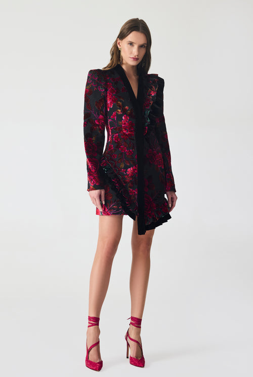 Burnout Velvet and Ruffle Detailed Mini Jacket Dress