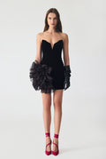 Hand Embriodered Organza Ruffle Detailed Velvet Mini Dress