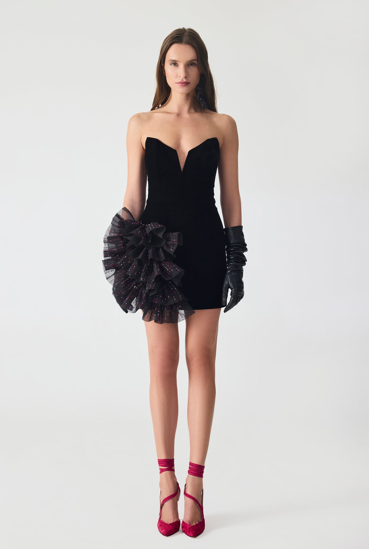 Hand Embriodered Organza Ruffle Detailed Velvet Mini Dress
