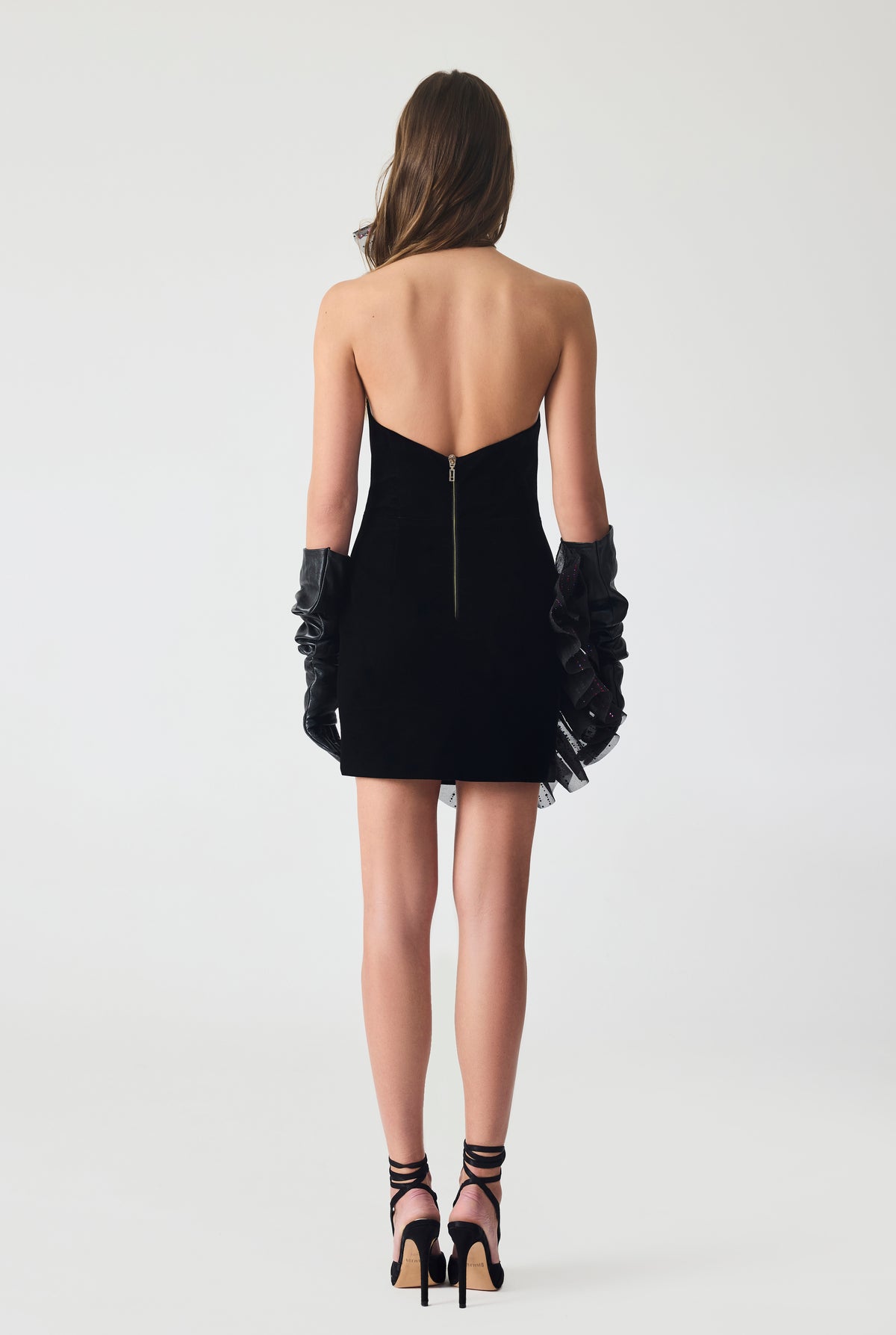 Hand Embriodered Organza Ruffle Detailed Velvet Mini Dress