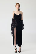 Organza Ruffle Detailed Velvet Midi Dress