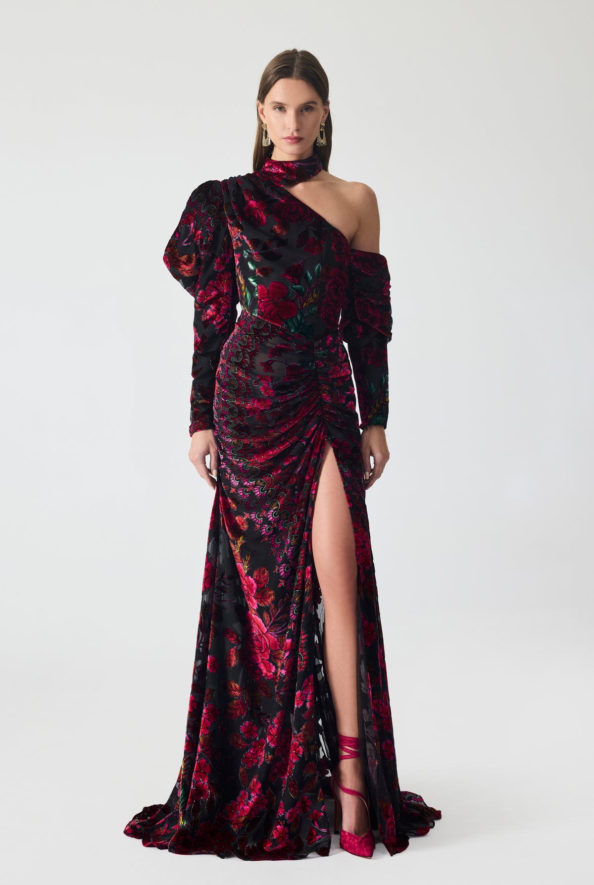 Ruching Asymmetrical Burnout Velvet Maxi