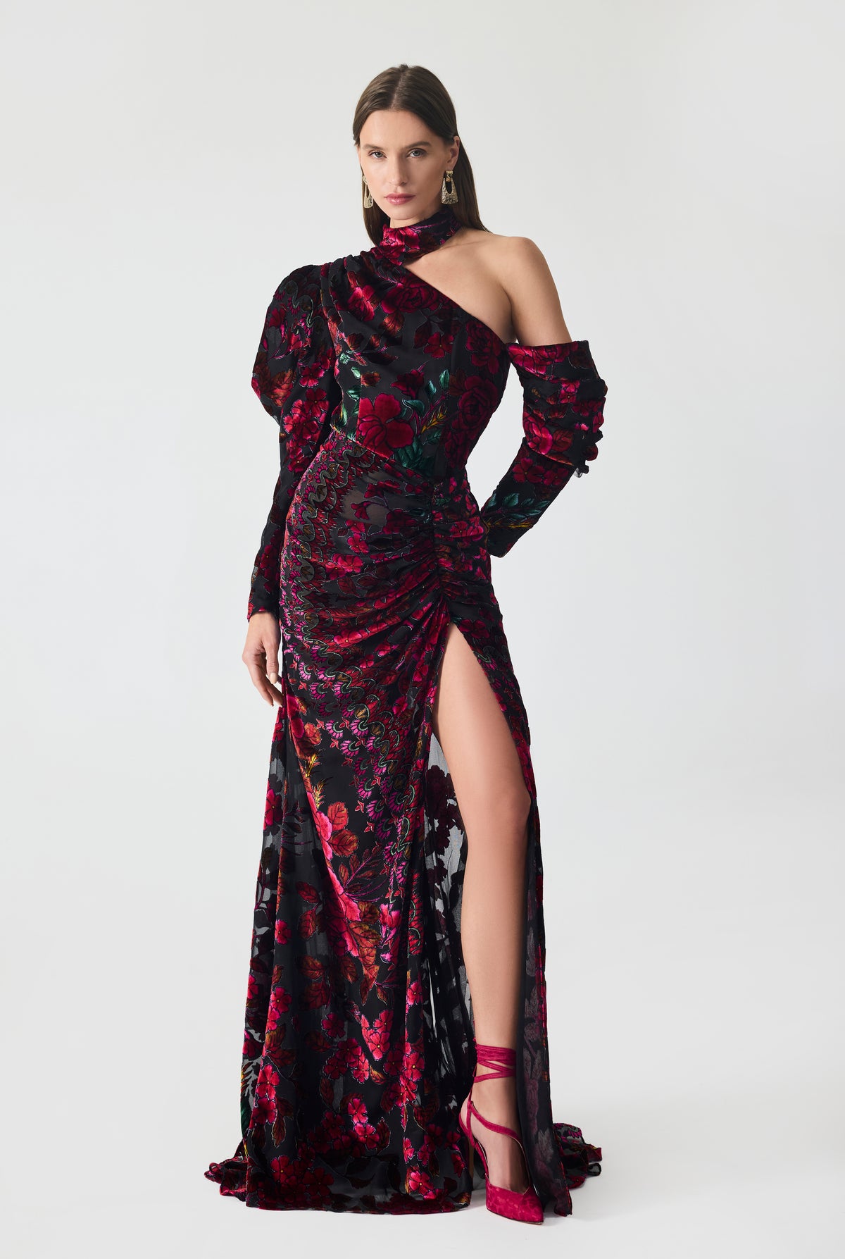 Ruching Asymmetrical Burnout Velvet Maxi
