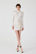 Gold 3D Flowers Plaid Mini Dress