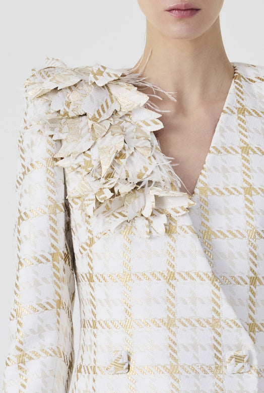 Gold 3D Flowers Plaid Long Jacket Dress