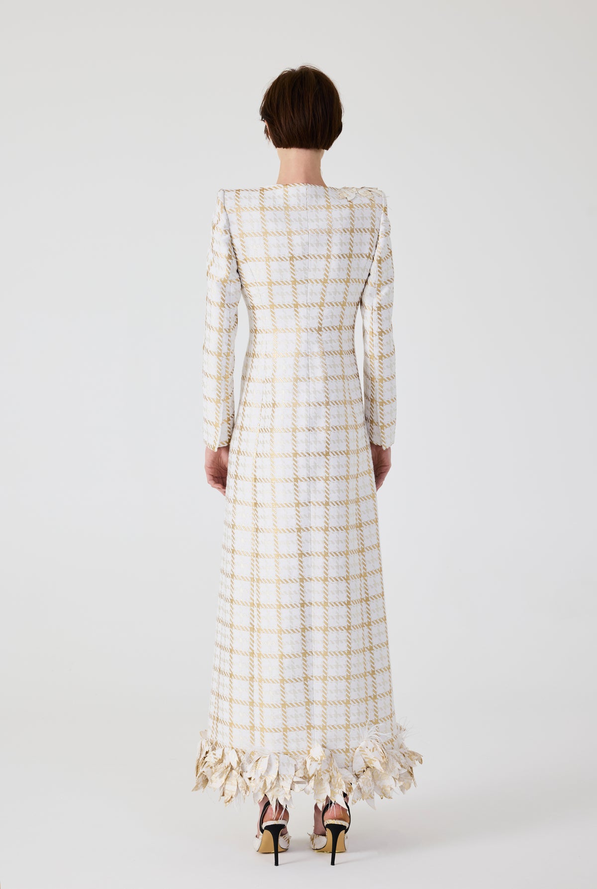 Gold 3D Flowers Plaid Long Jacket Dress