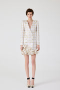 Gold 3D Plaid Flowers Mini Jacket Dress