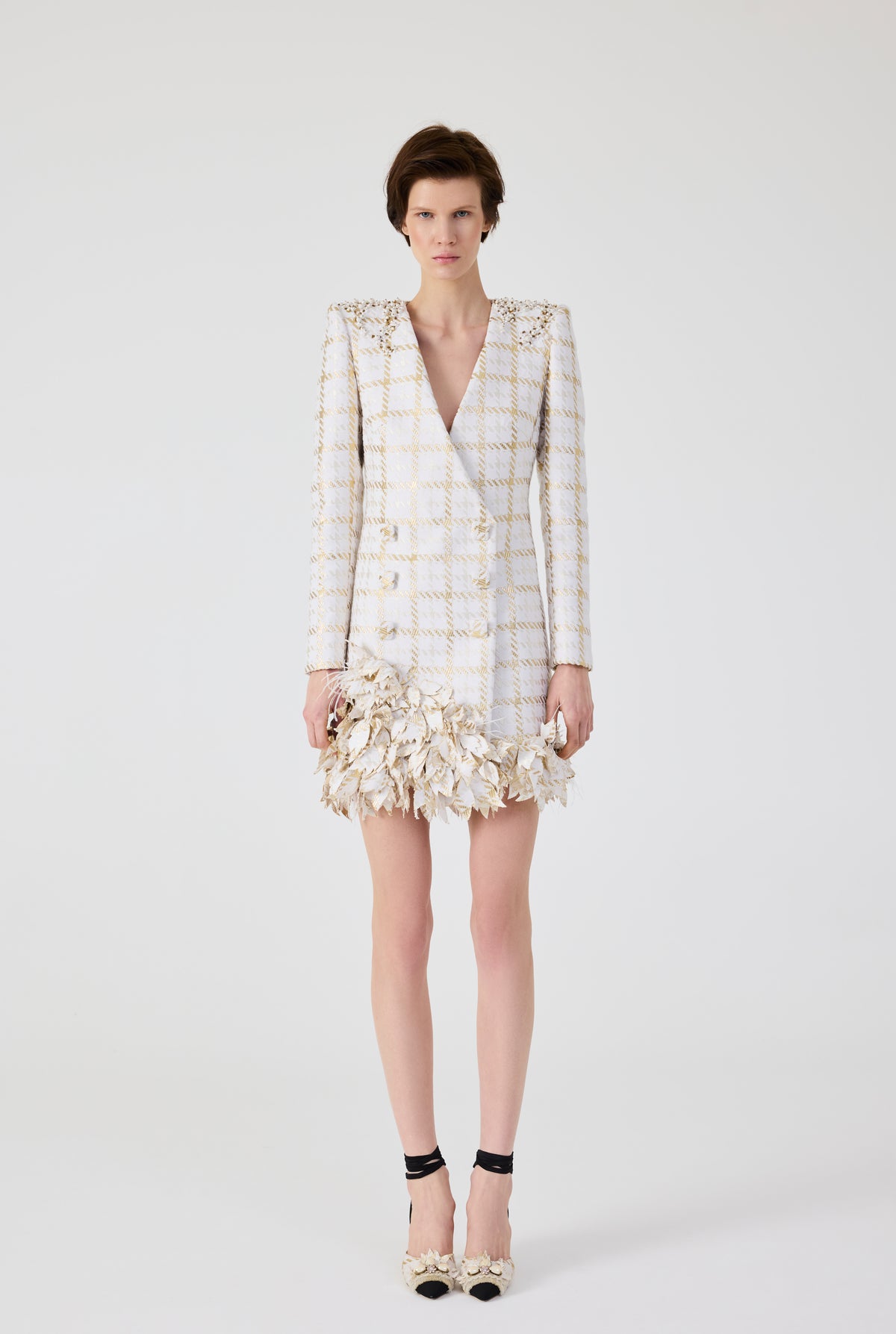 Gold 3D Plaid Flowers Mini Jacket Dress
