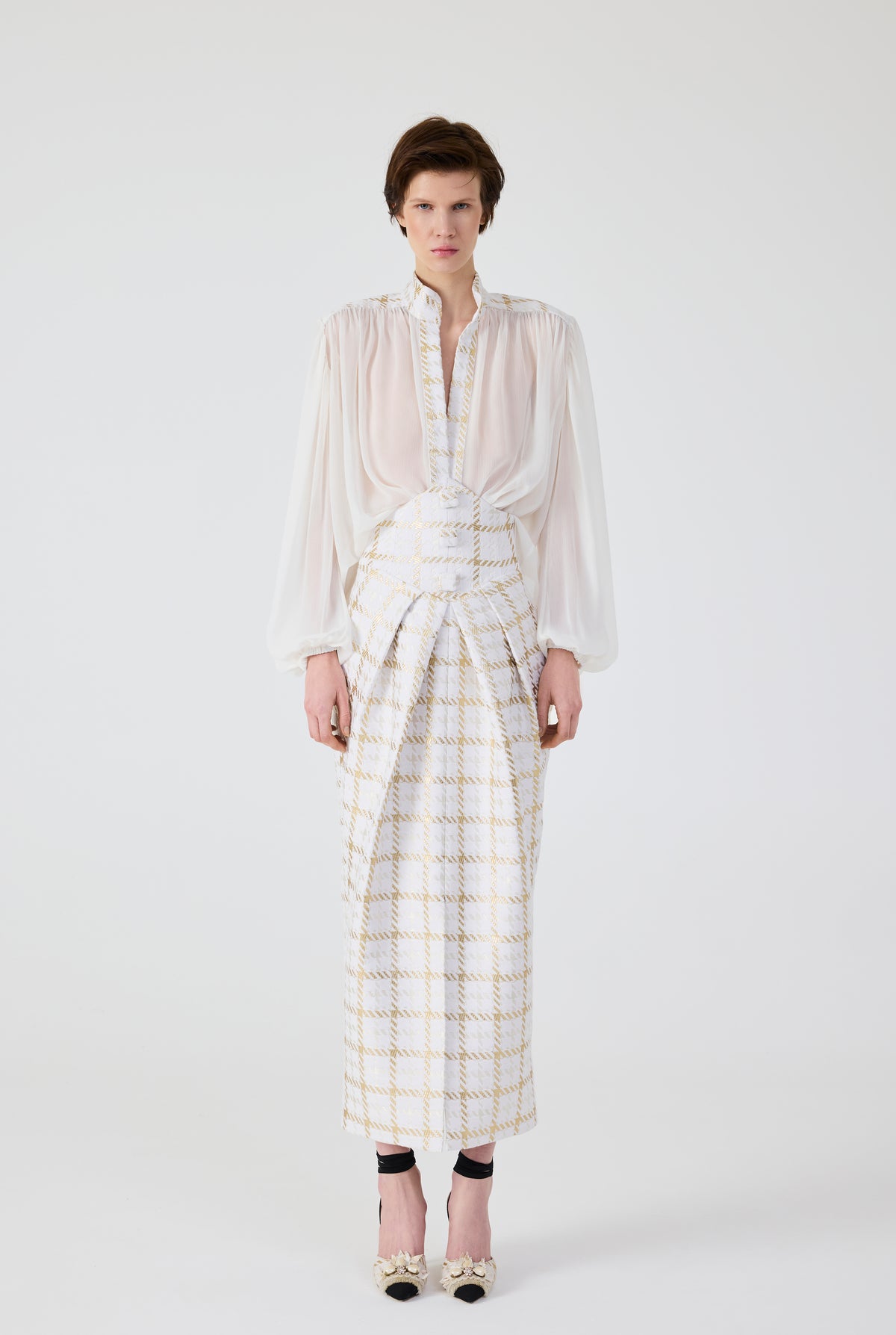 Gold Plaid Midi Skirt