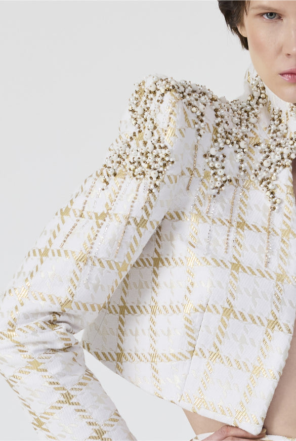 Gold Plaid Embroidery Crop Jacket