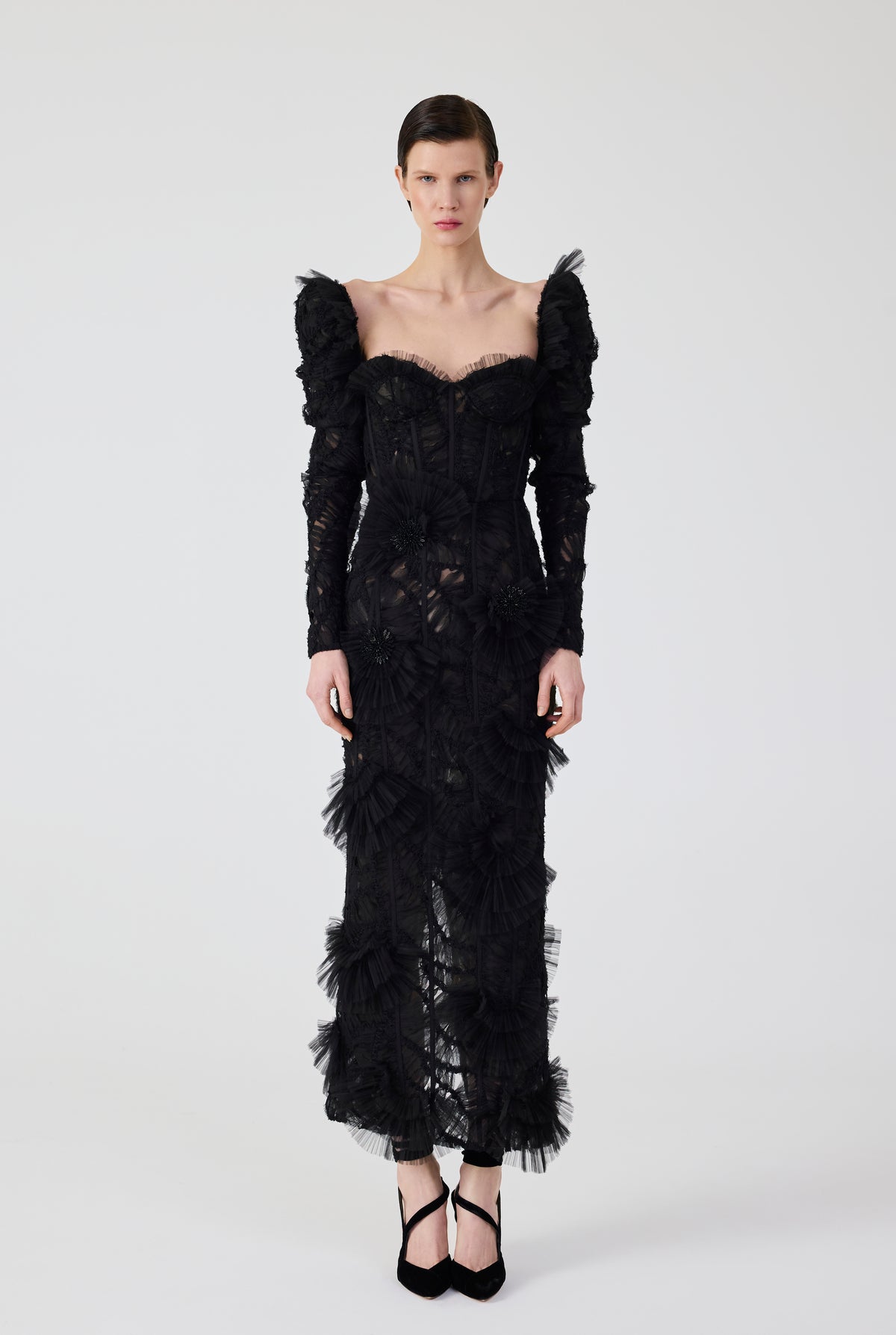 Flounce Black Midi Dress