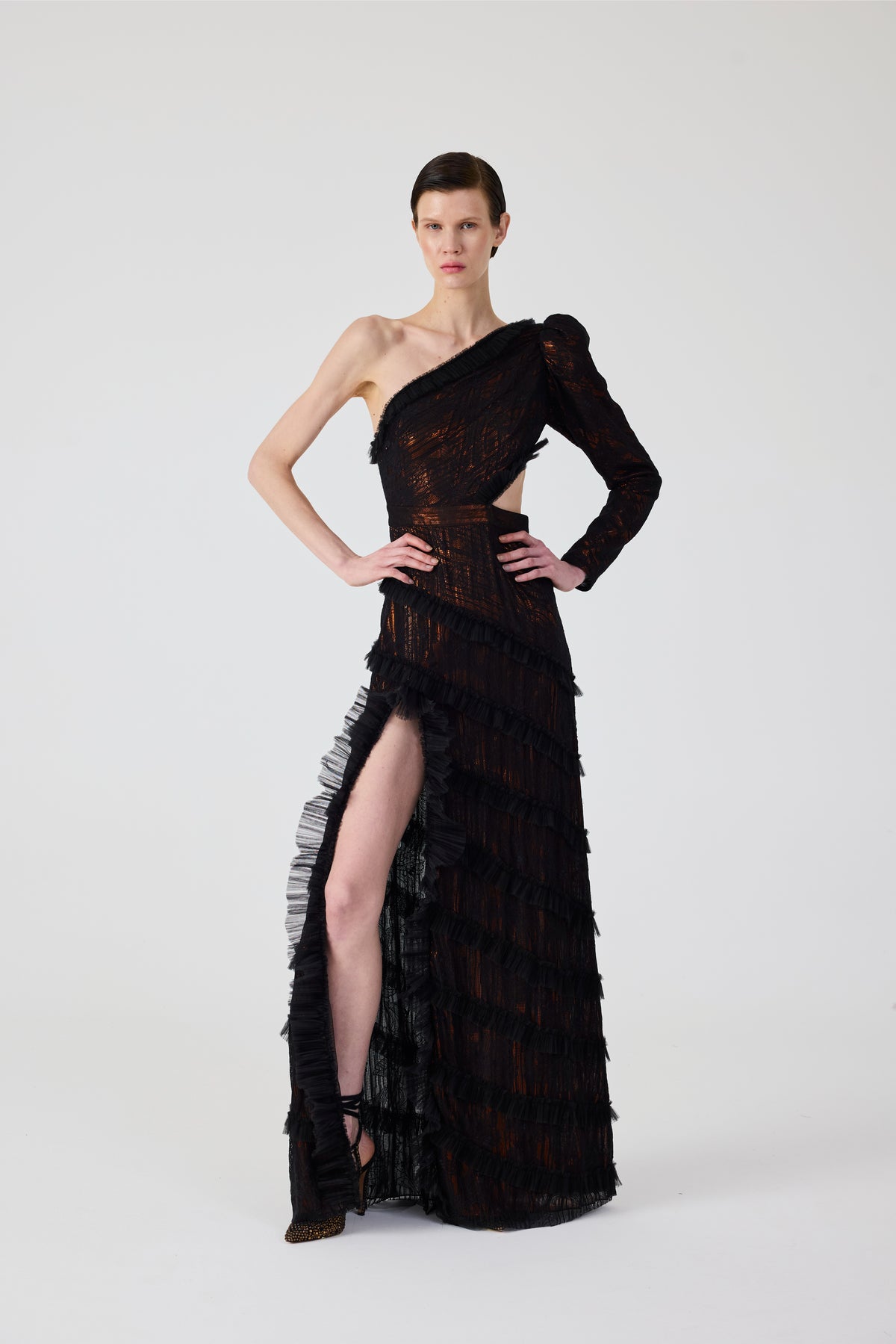 One Shoulder Dantel Long Dress