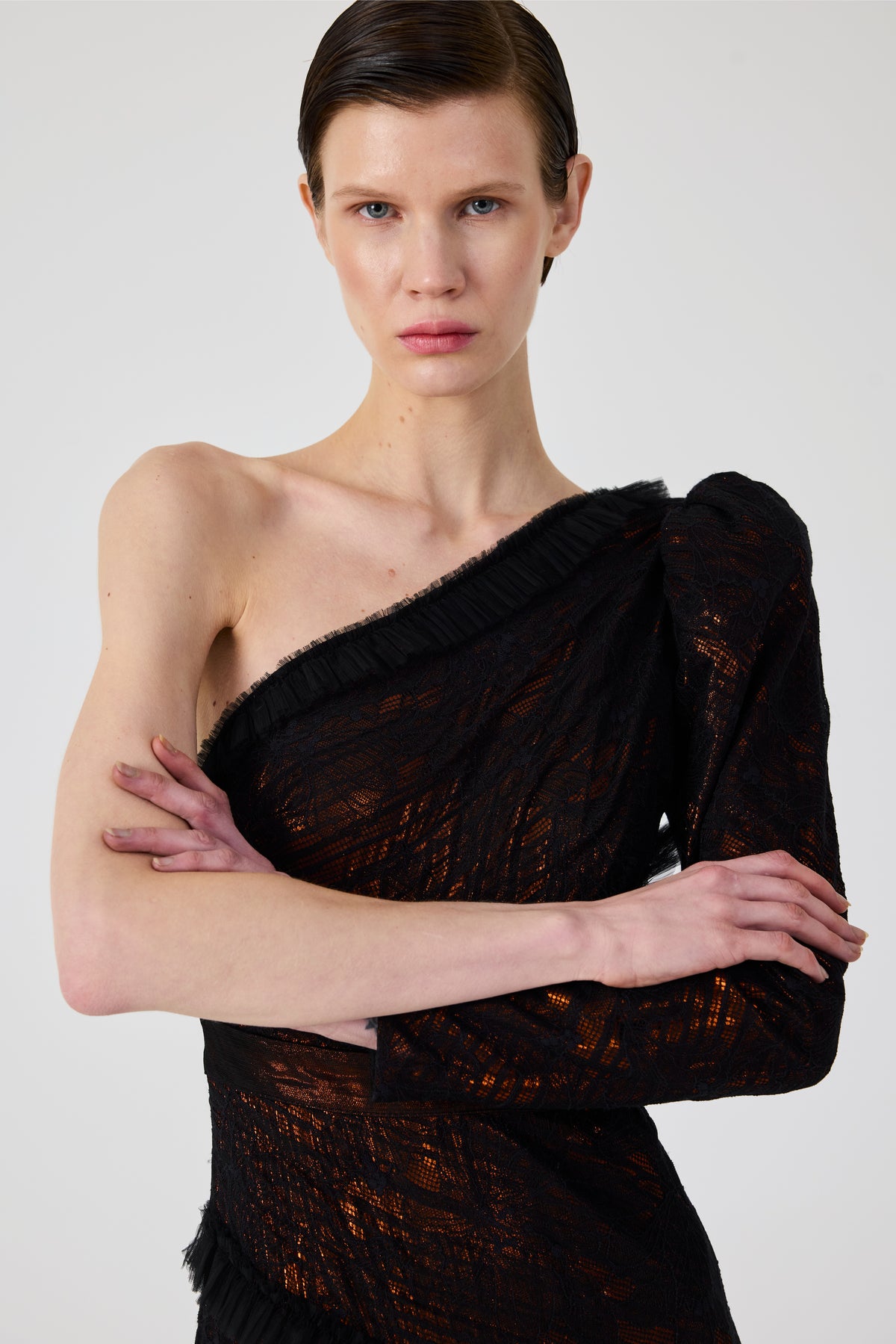 One Shoulder Dantel Long Dress