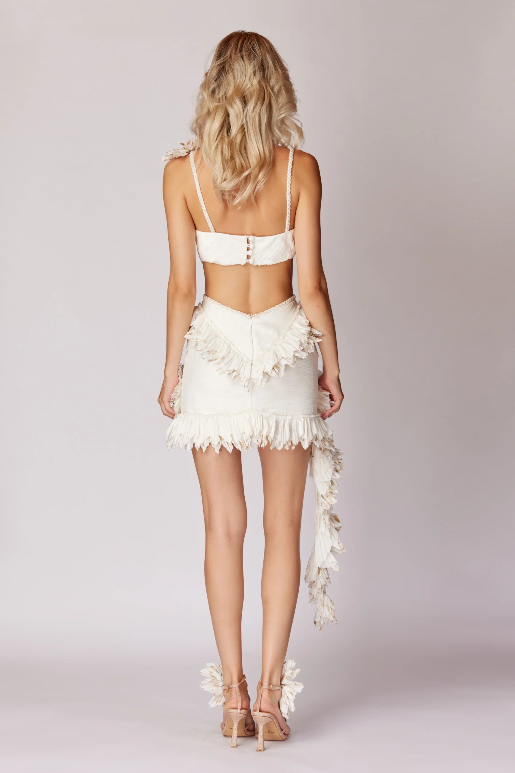 white ruffled mini dress Hand-Pleated Ruffled Mini Dress with Delicate Ruffle Layers – Haleia