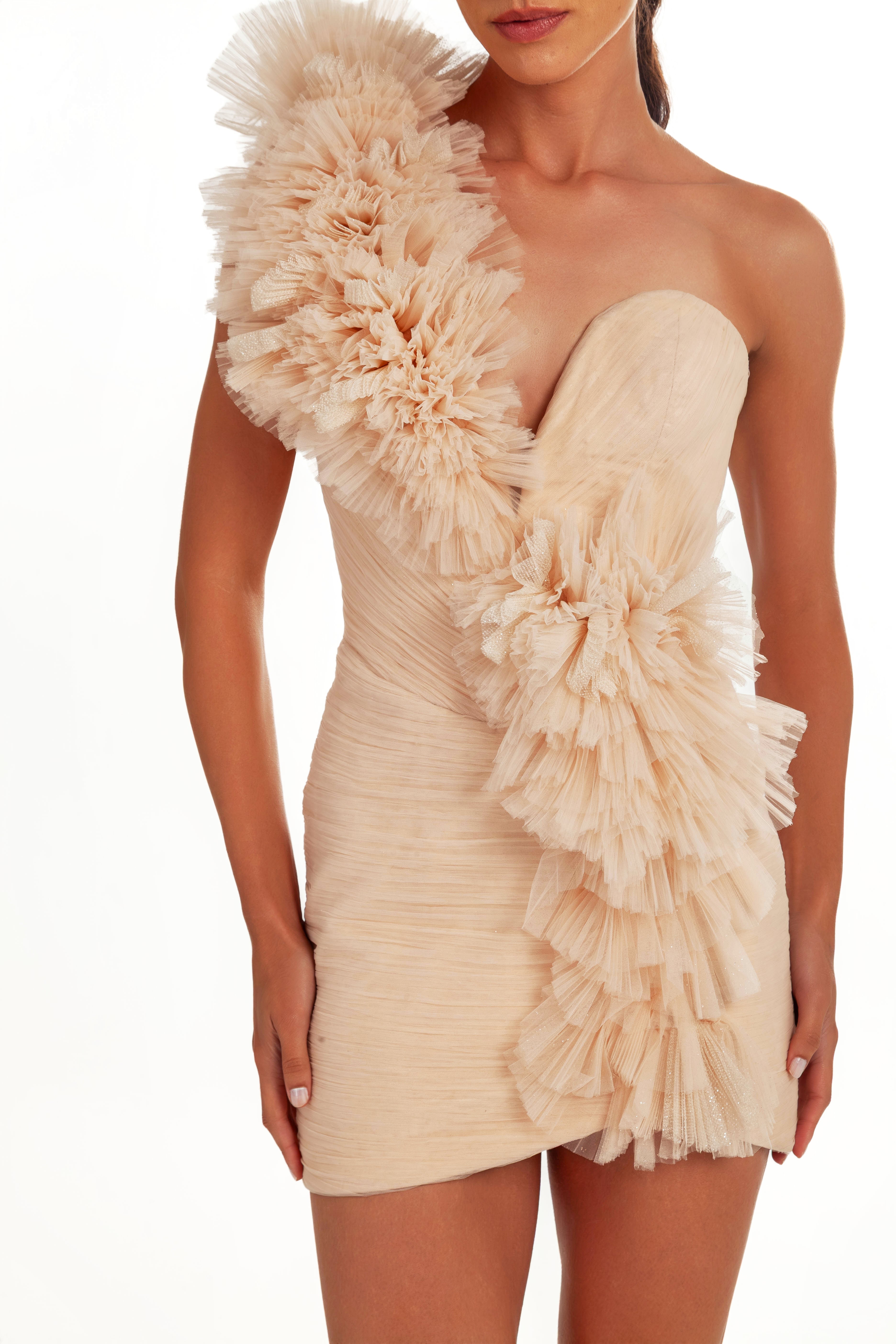 THAINA HAND-DRAPPED CORSET MINI DRESS AND ONE SHOLDER TULLE RUFFLES