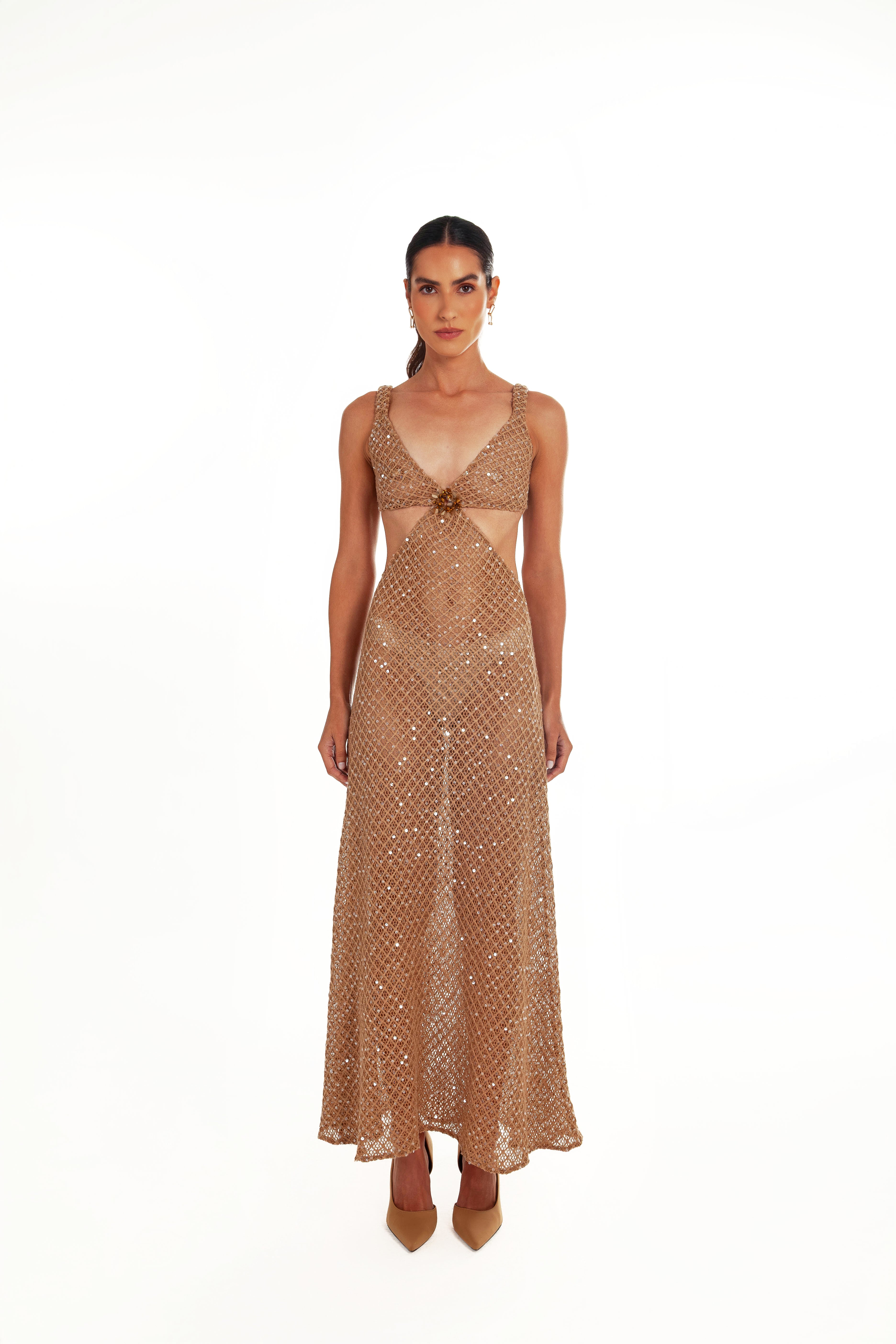 LAIZE MESH LINEN CUT OUT DRESS SEQUIN DETAIL