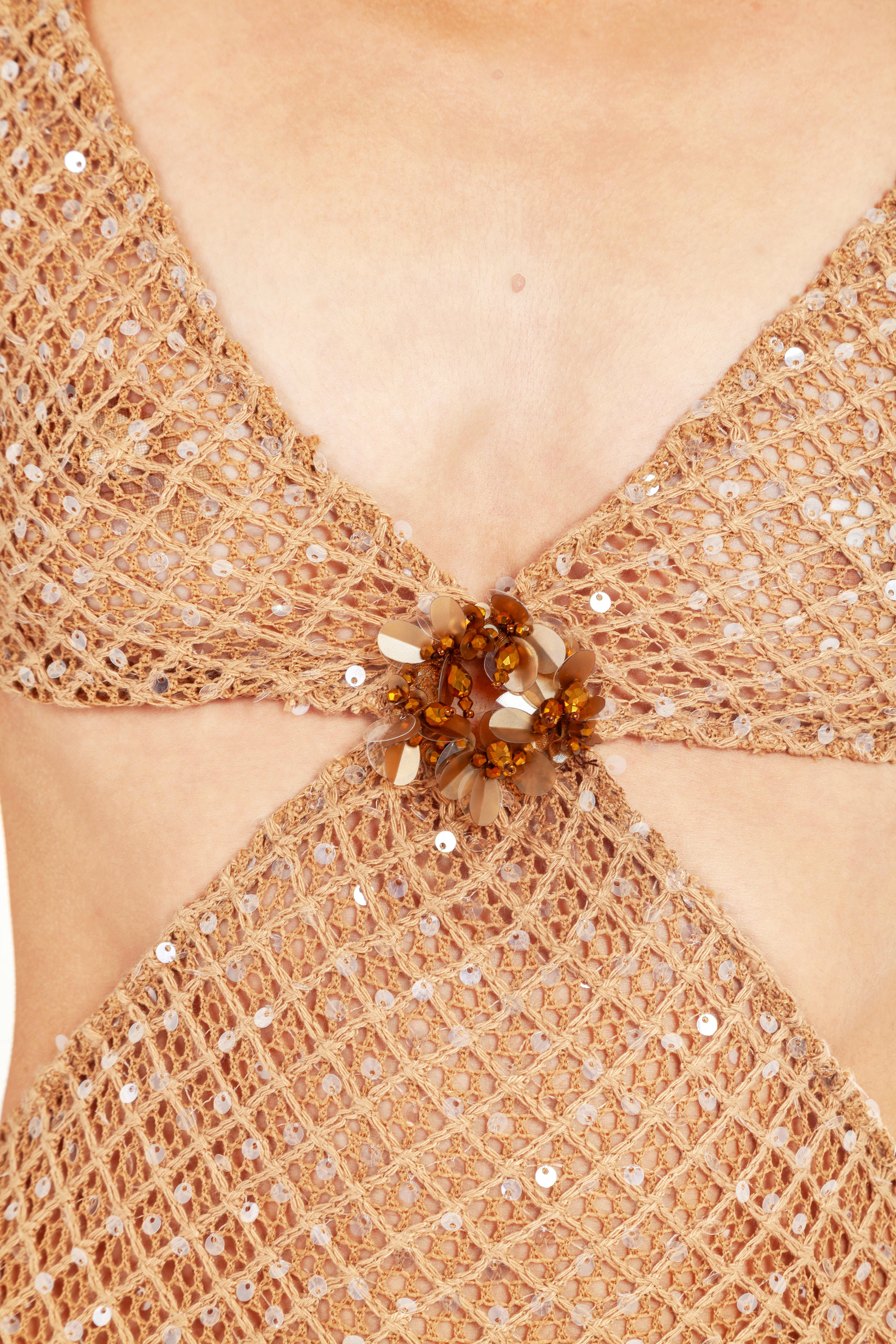 LAIZE MESH LINEN CUT OUT DRESS SEQUIN DETAIL