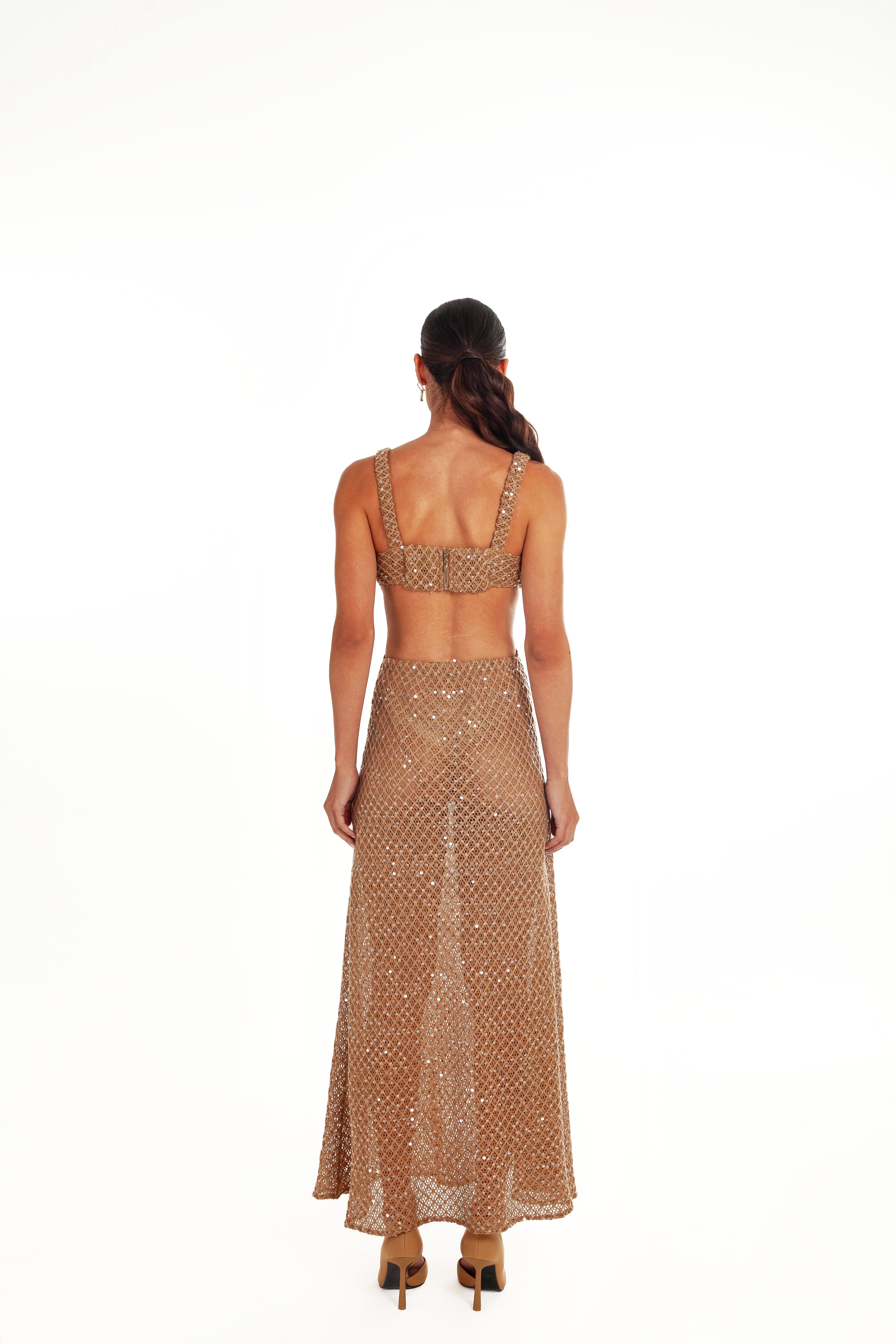 LAIZE MESH LINEN CUT OUT DRESS SEQUIN DETAIL
