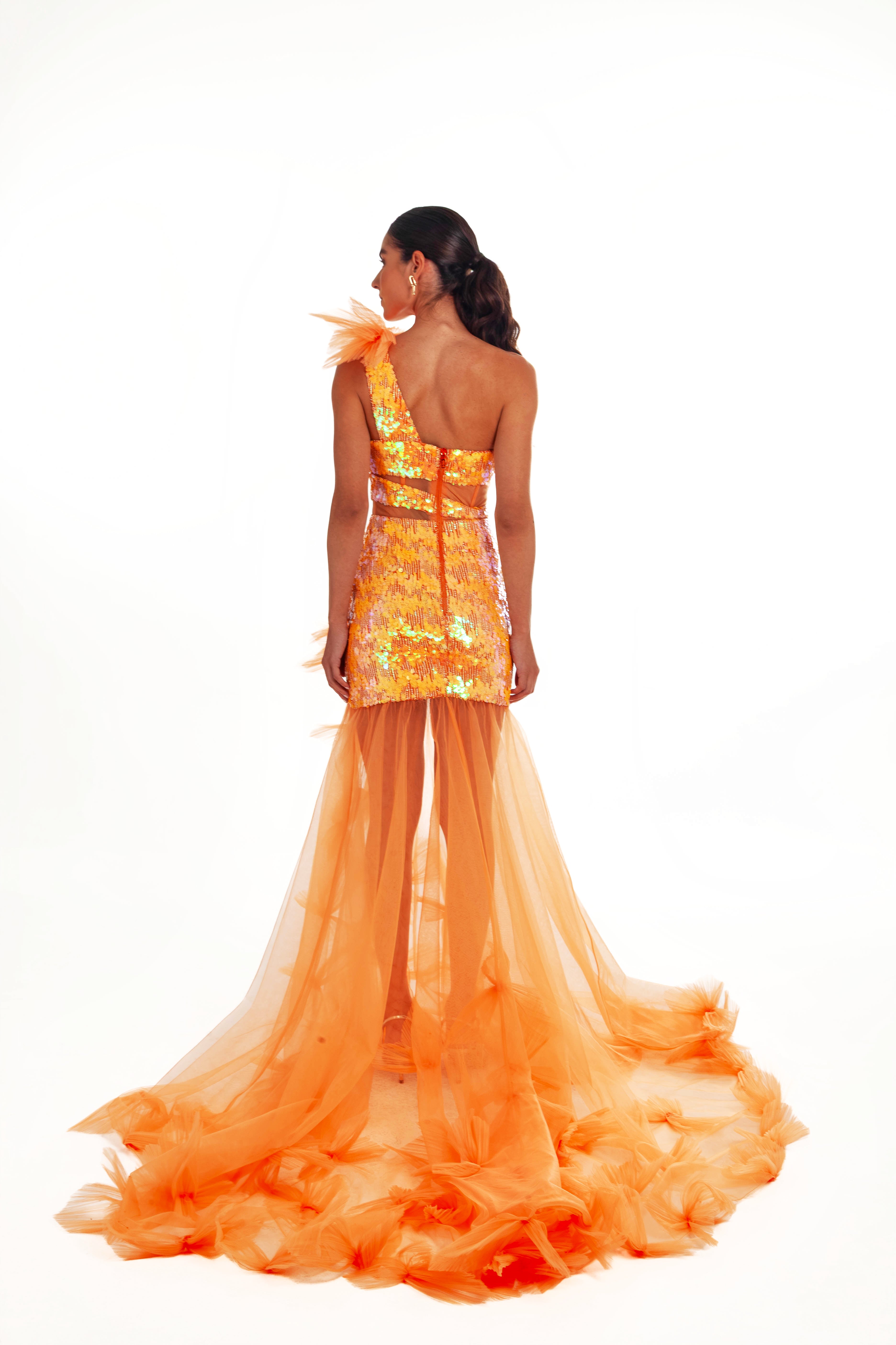 VIOLA ONE SHOUDER ORANGE SUNRISE EVENING DRESS