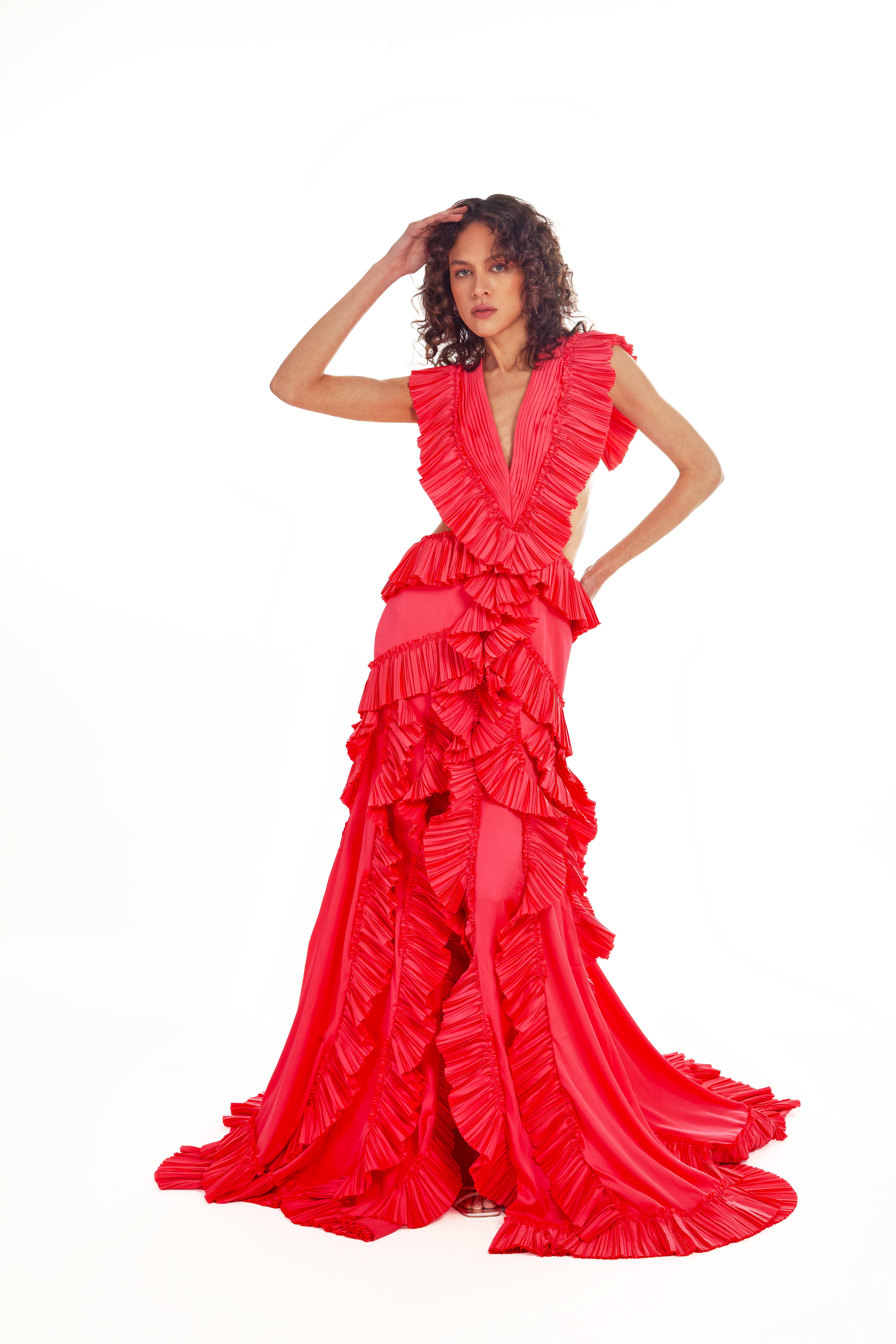 LAINY LONG RUFFLE CUT OUT DRESS