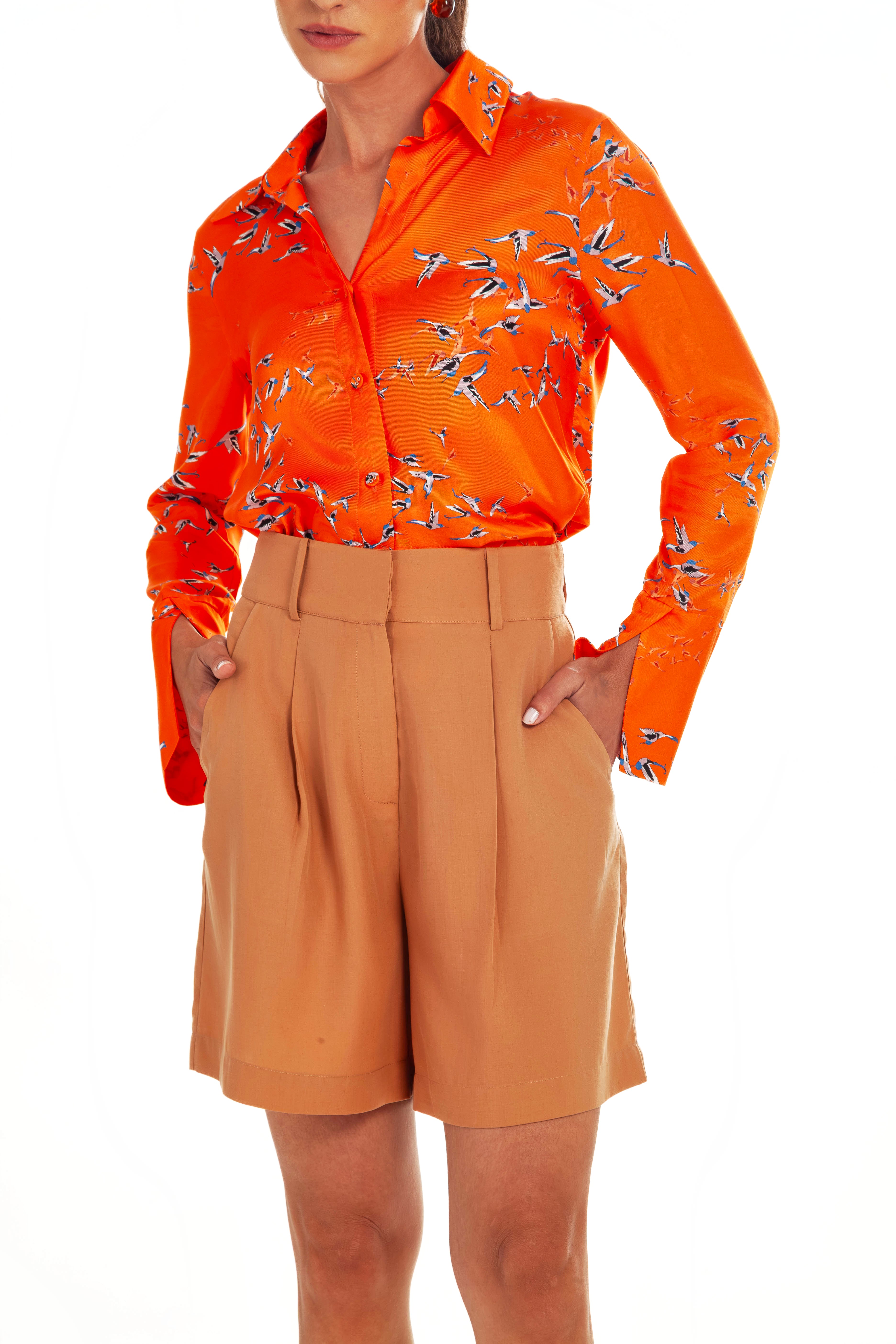 BIRD SILK BLOUSE FRONT BUTTONS