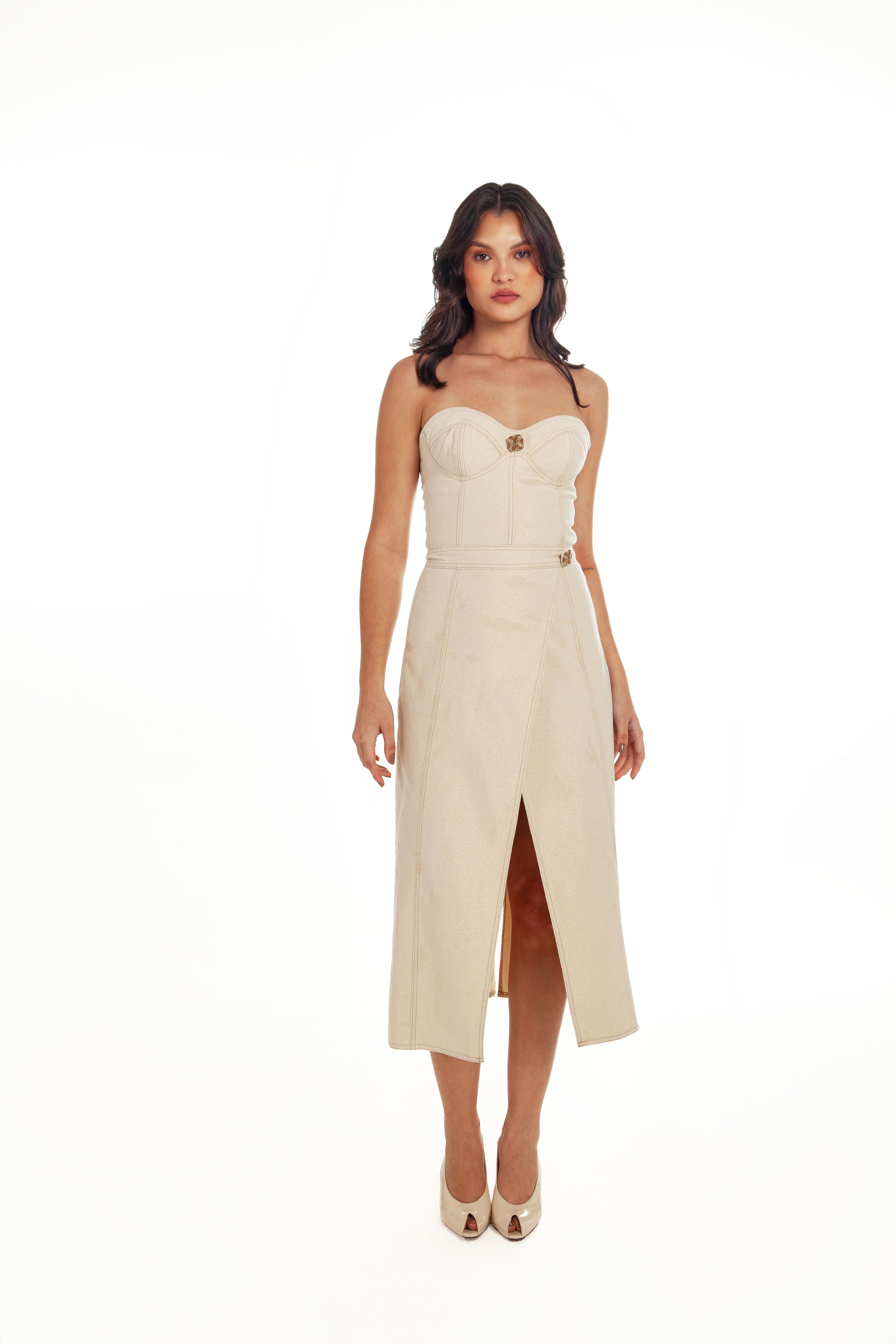 FINLAY METALIZED SAND STRAPLESS DRESS