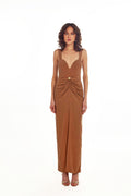 VELVET CHOCOLATE MIDI DRESS WITH JEWELS DETAILED BELT