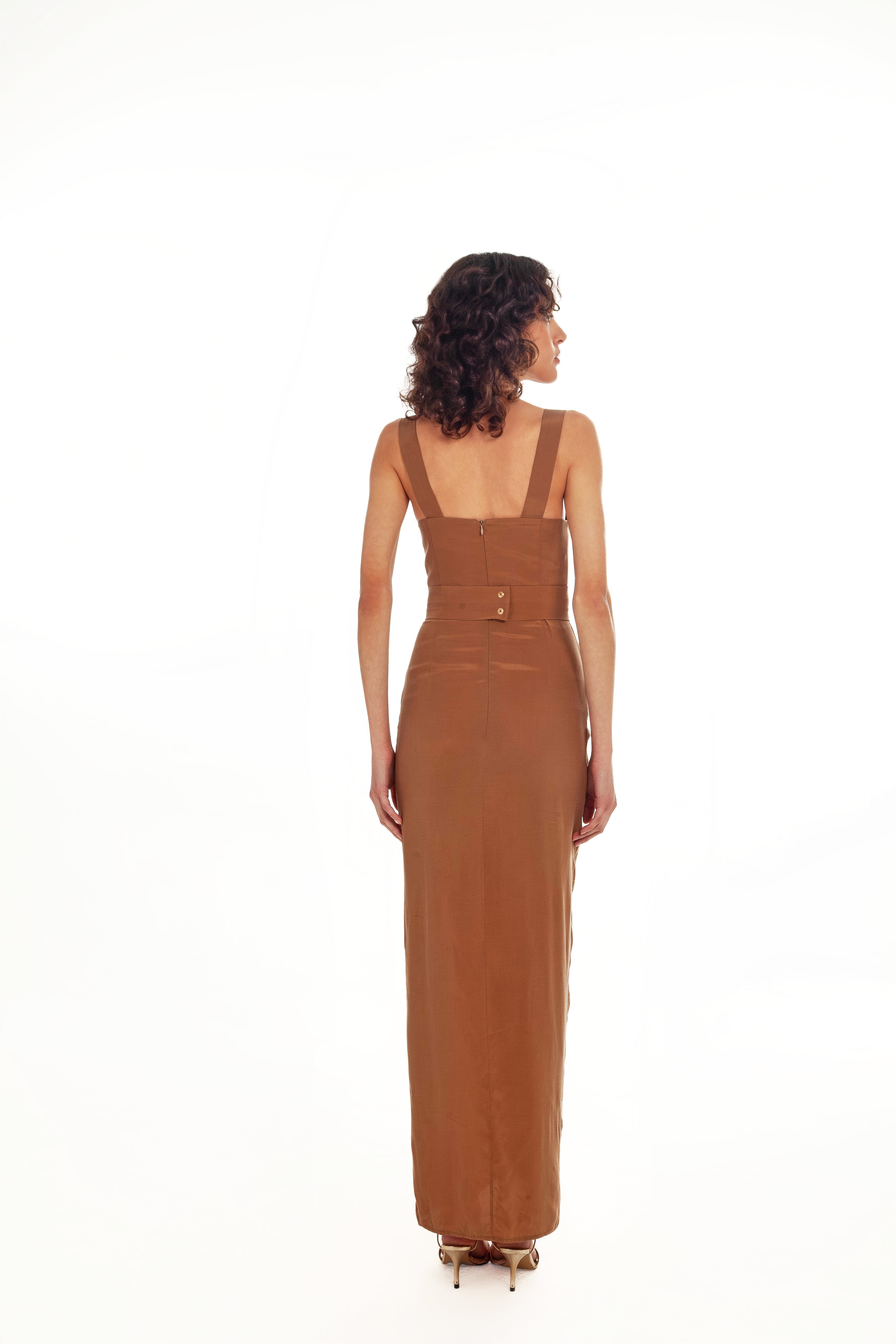 VELVET CHOCOLATE MIDI DRESS WITH JEWELS DETAILED BELT