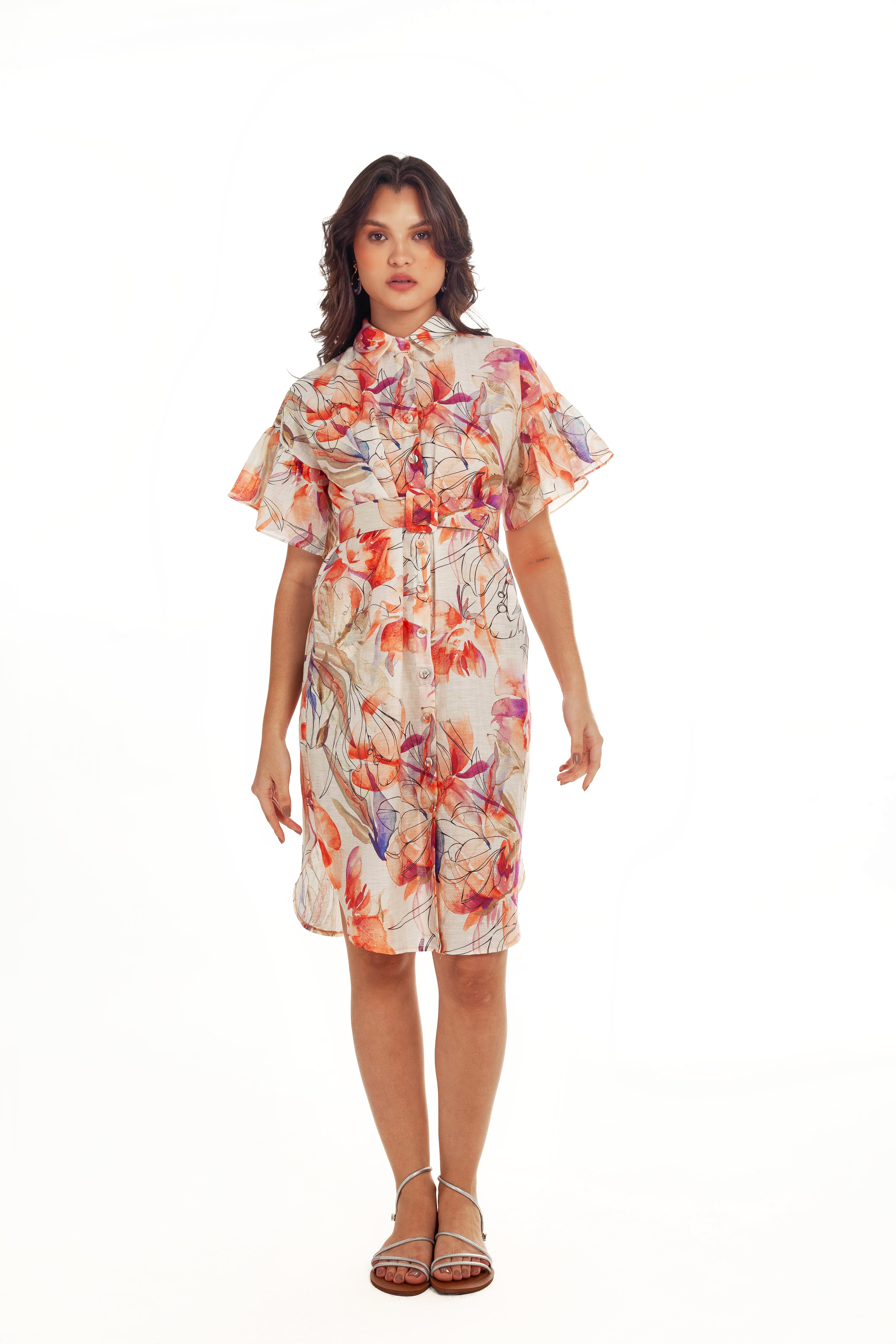 SHIRT DRESS WITH FRONT BUTTONS AND RUFFLE SLEEVES