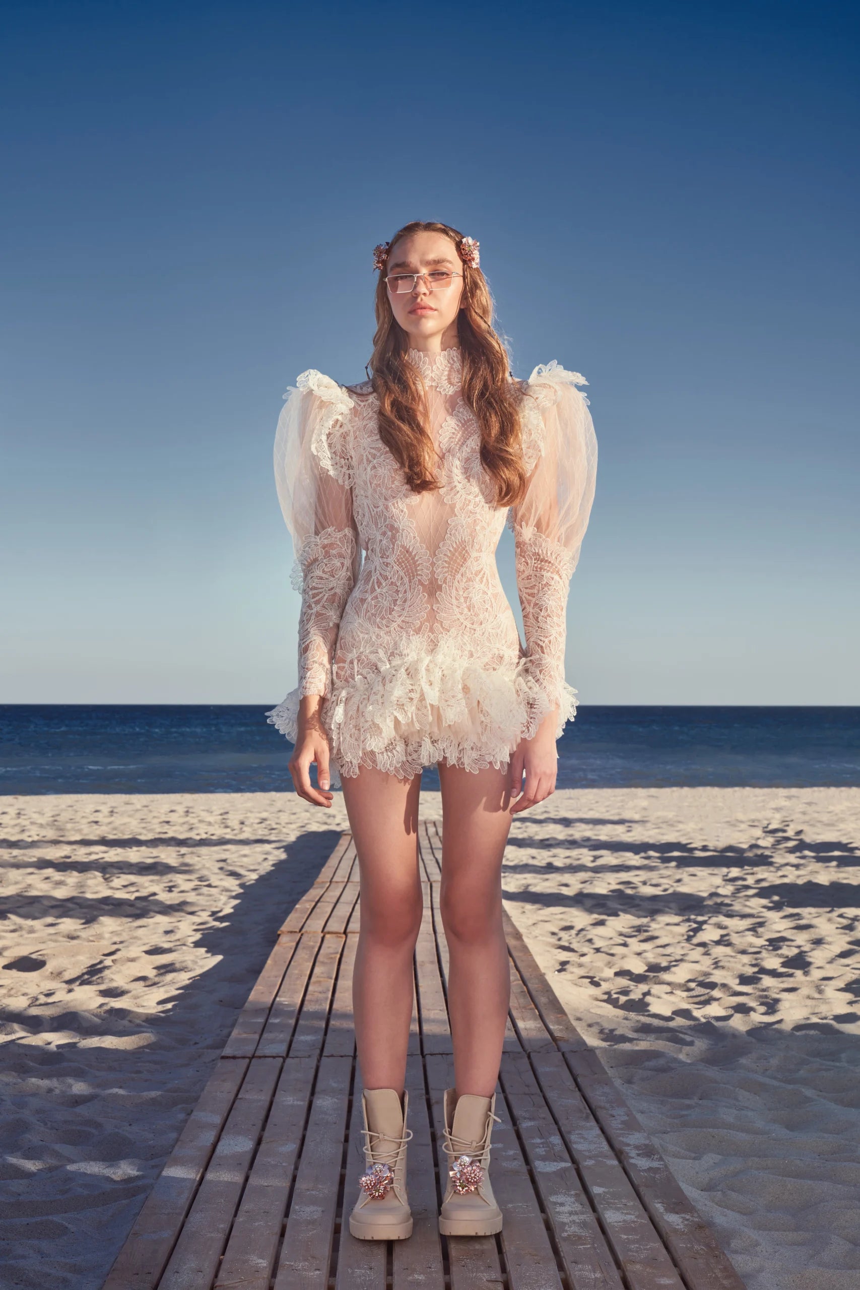 Lace Appliqué Mini Dress with Sheer Puffy Sleeves