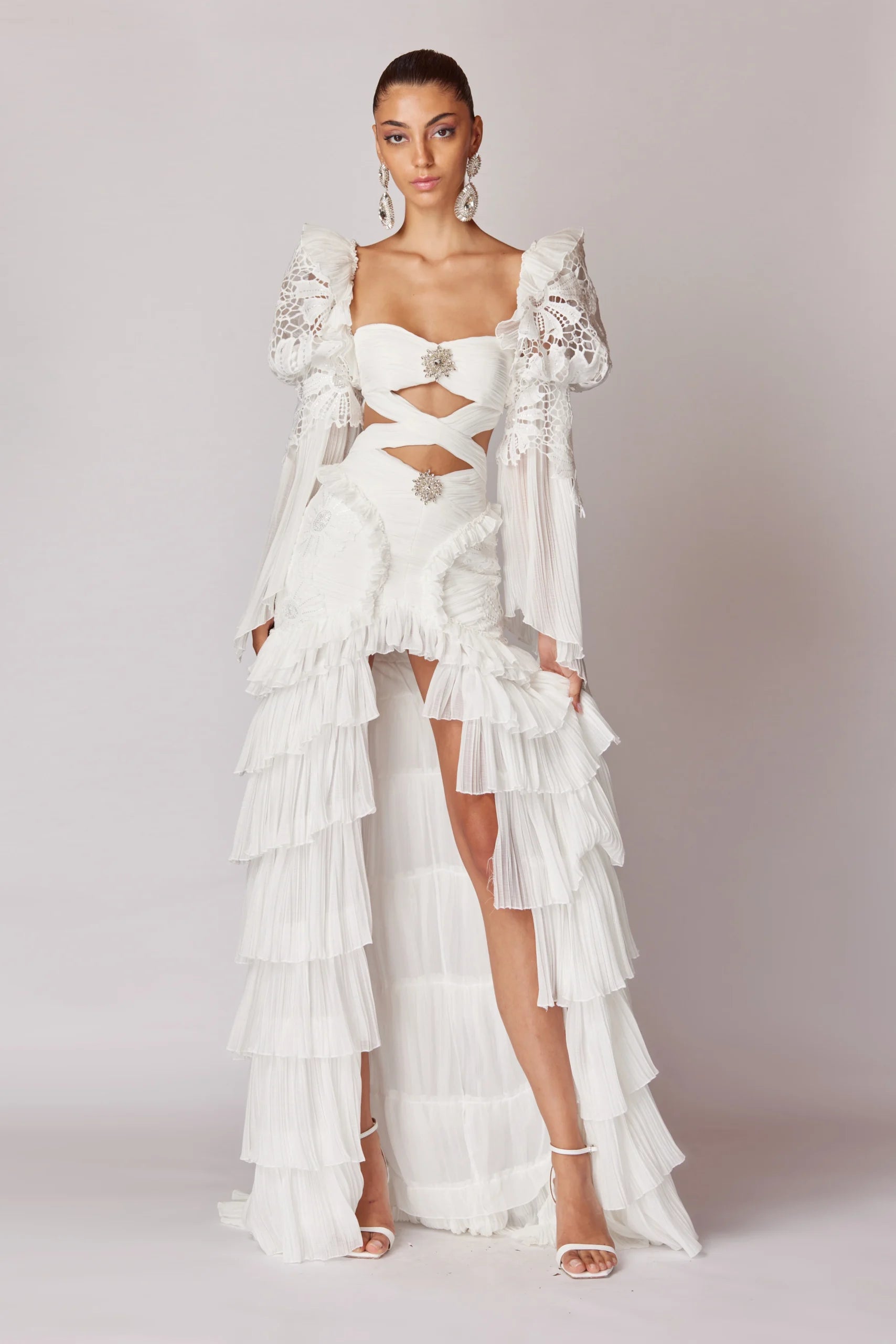 Lace Detailed High-Low Dress with cascading ruffles Sleeves
