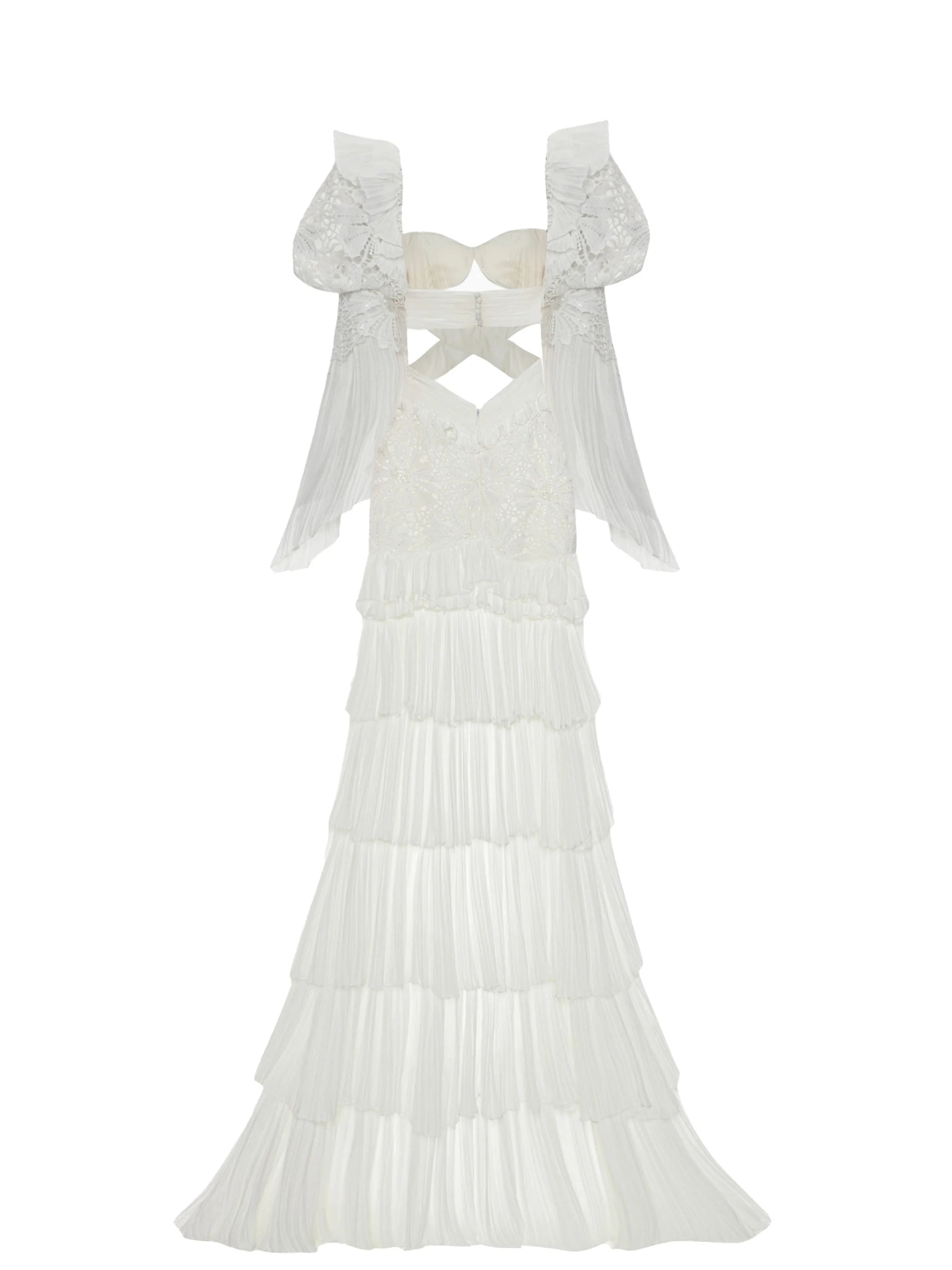 Lace Detailed High-Low Dress with cascading ruffles Sleeves