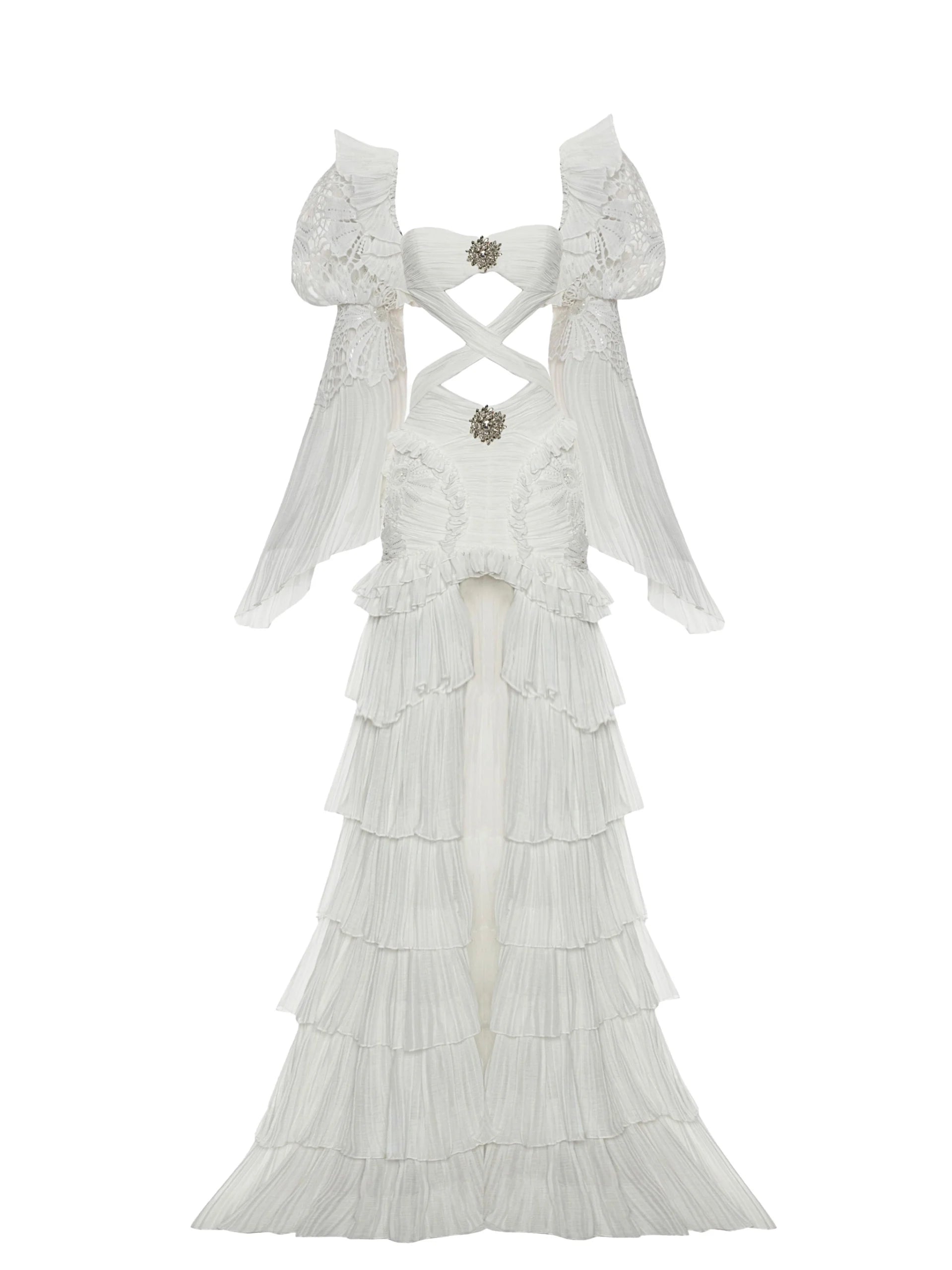 Lace Detailed High-Low Dress with cascading ruffles Sleeves