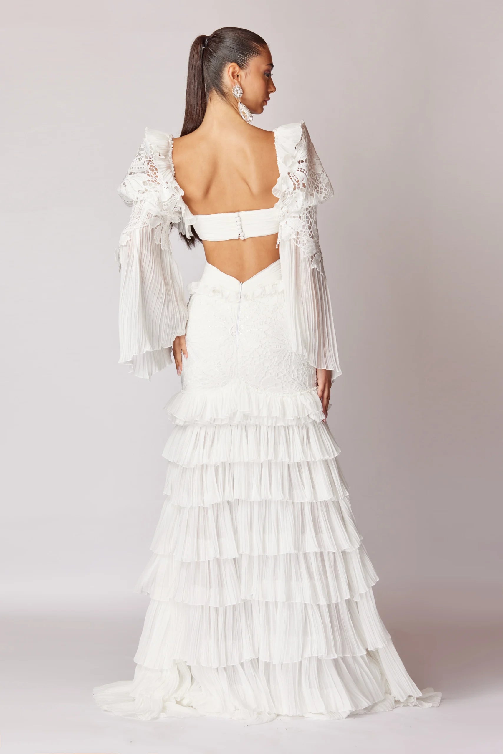 Lace Detailed High-Low Dress with cascading ruffles Sleeves