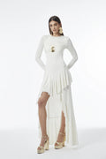 Long-Sleeve Ruffled and Gathered Maxi Dress with Front Slit and Accessory Detail.