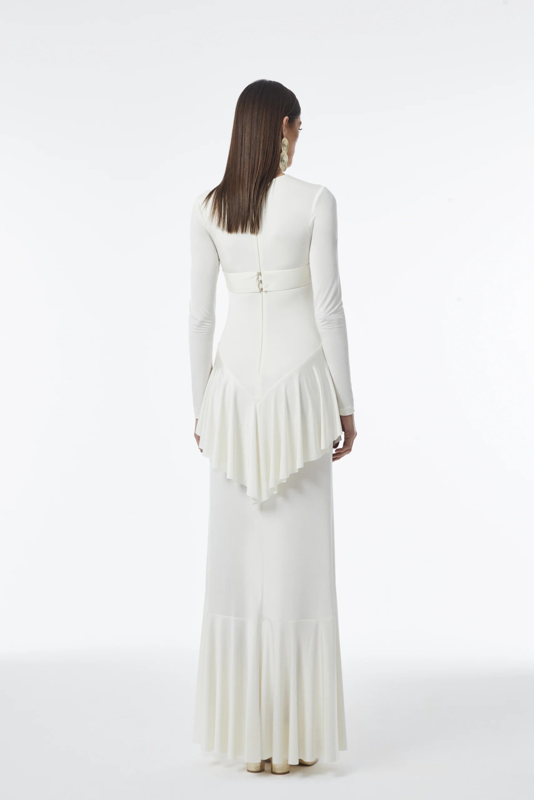 Long-Sleeve Ruffled and Gathered Maxi Dress with Front Slit and Accessory Detail.