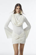 Long Wide-Sleeve Draped Gathered Mini Dress.