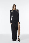 Long-sleeve draped maxi dress with elegant Side slit detail.